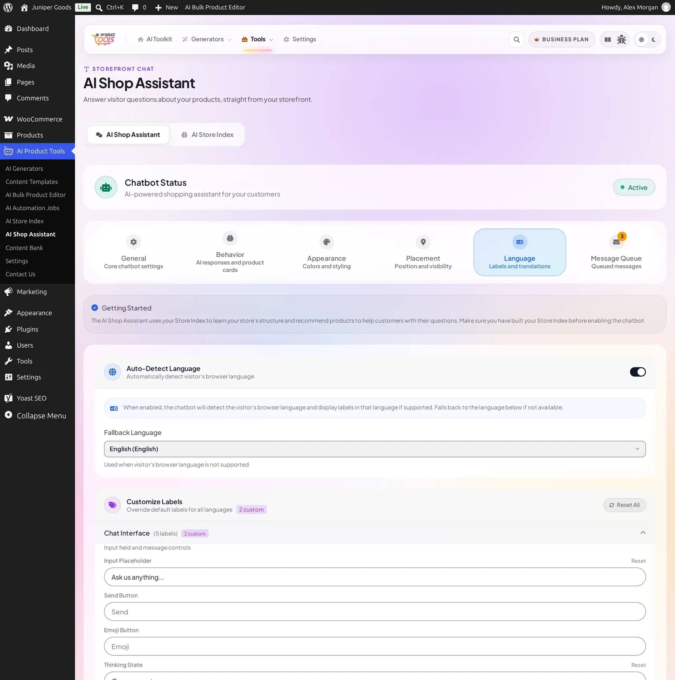 Chat Interface category expanded with two custom label overrides saved
