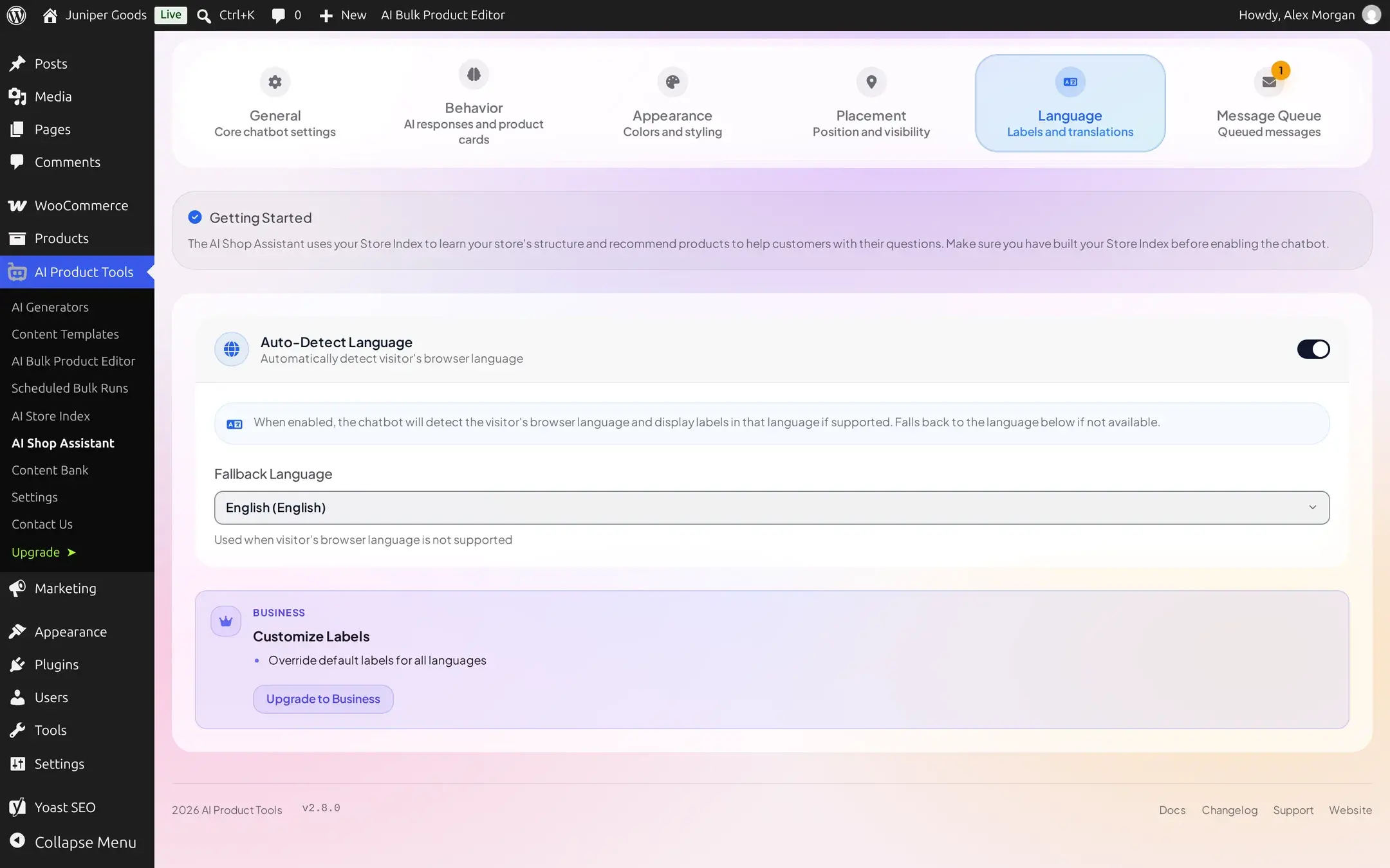 Language tab on Free with Auto-Detect Language on and a Customize Labels teaser