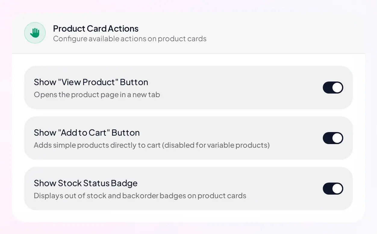Product Card Actions card on Business with Add to Cart enabled alongside View Product and Stock Status Badge
