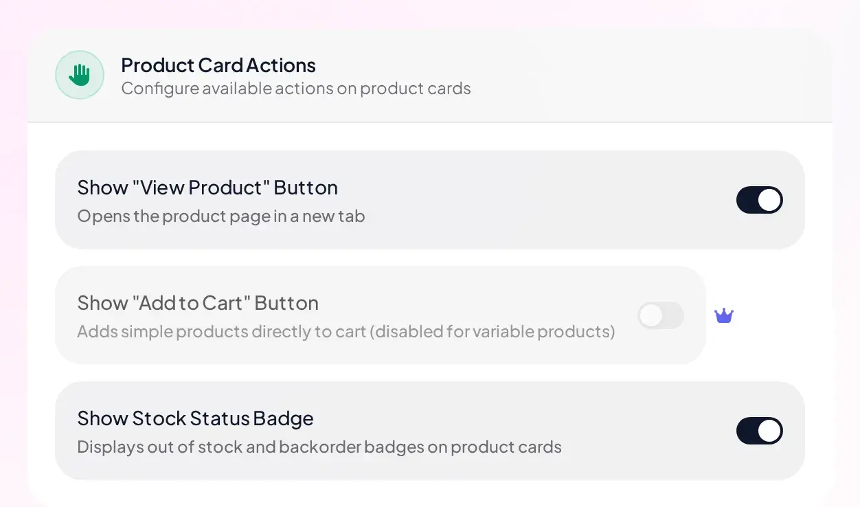 Product Card Actions card on Free with Add to Cart greyed out and locked, View Product and Stock Status Badge still togglable