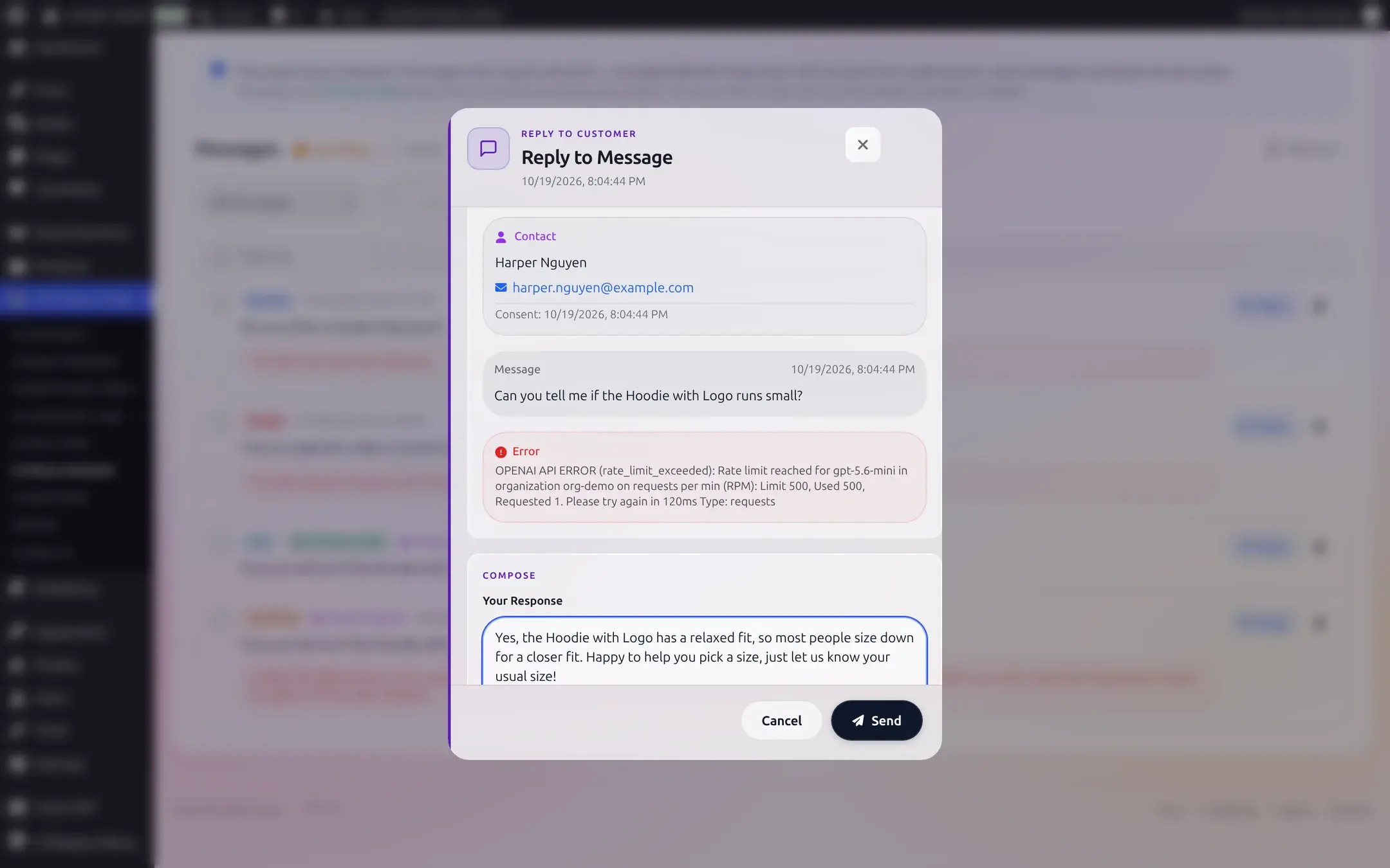 Reply to Message composer open on a queued message, with a draft reply typed