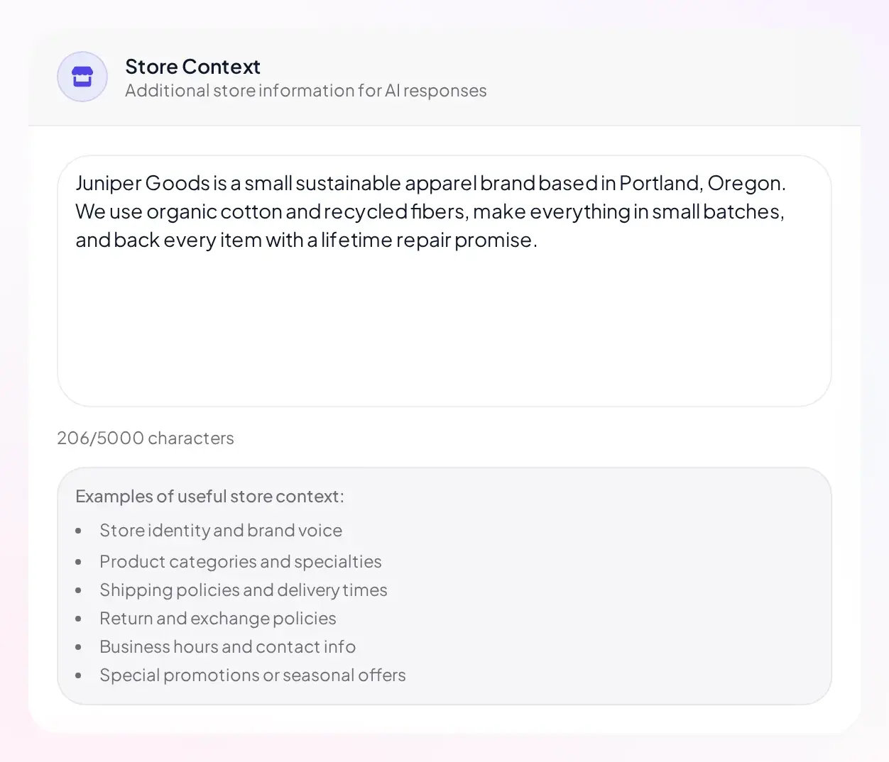 Store Context textarea filled in with a short brand description and a character counter below it