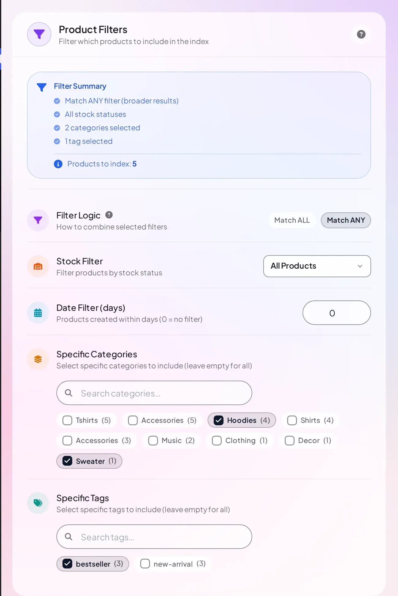 Product Filters card on Business with two categories and one tag selected and Match ANY chosen