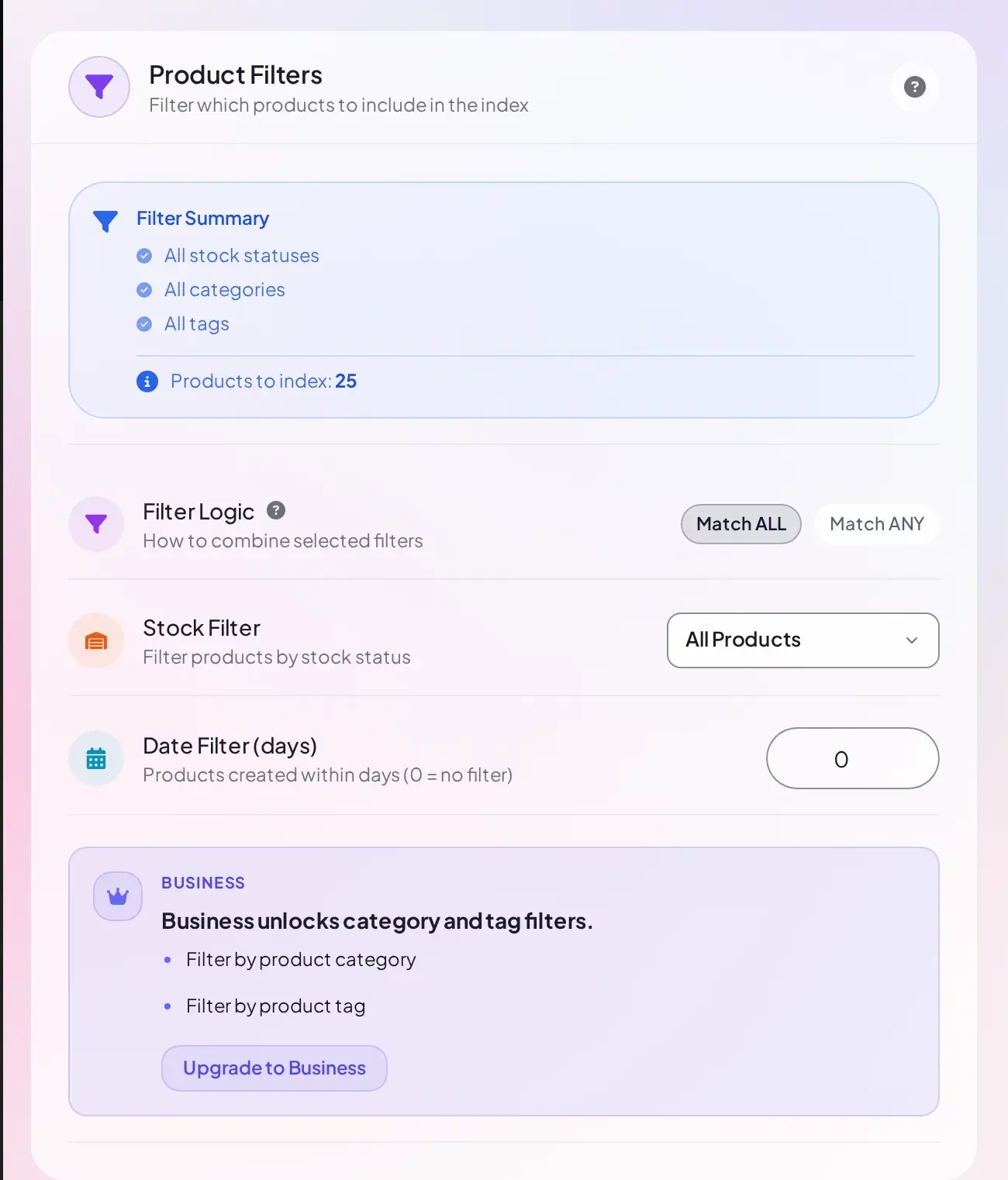 Product Filters card on Free showing the Stock Filter and Date Filter controls, with a teaser replacing category and tag filters