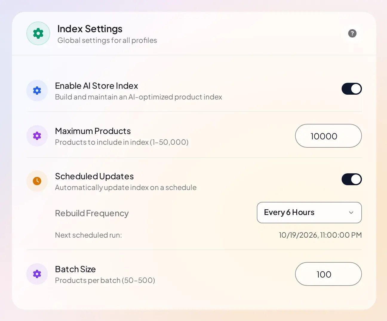 Index Settings card with Max Products, Batch Size, and Rebuild Frequency fields