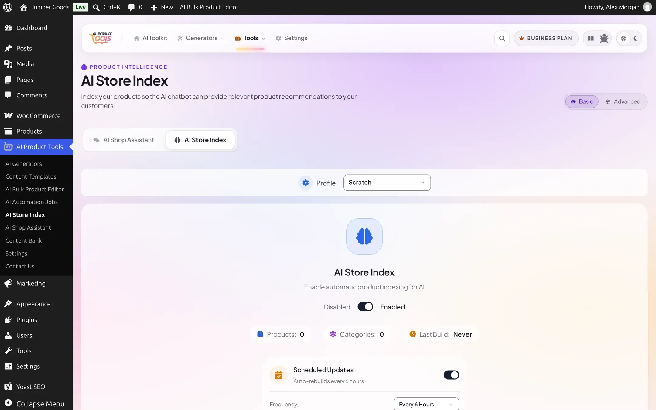 A freshly created profile showing zero products and no build yet, with the Build Now button ready