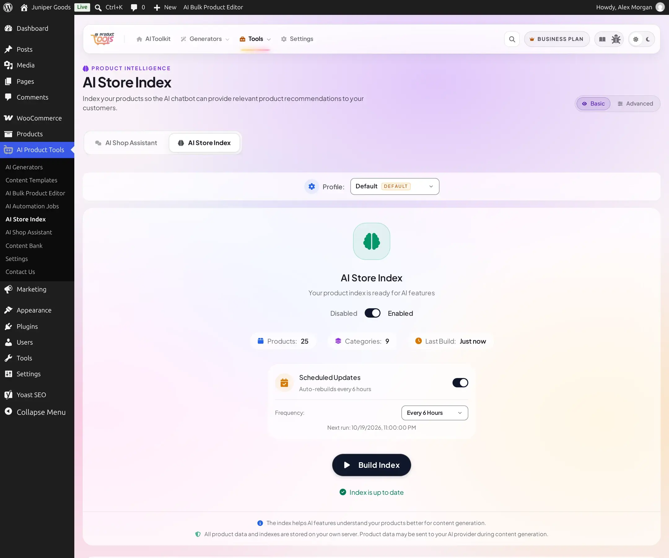 AI Store Index status card showing Ready, product and category counts, Last Build Just now, and the Build Index button