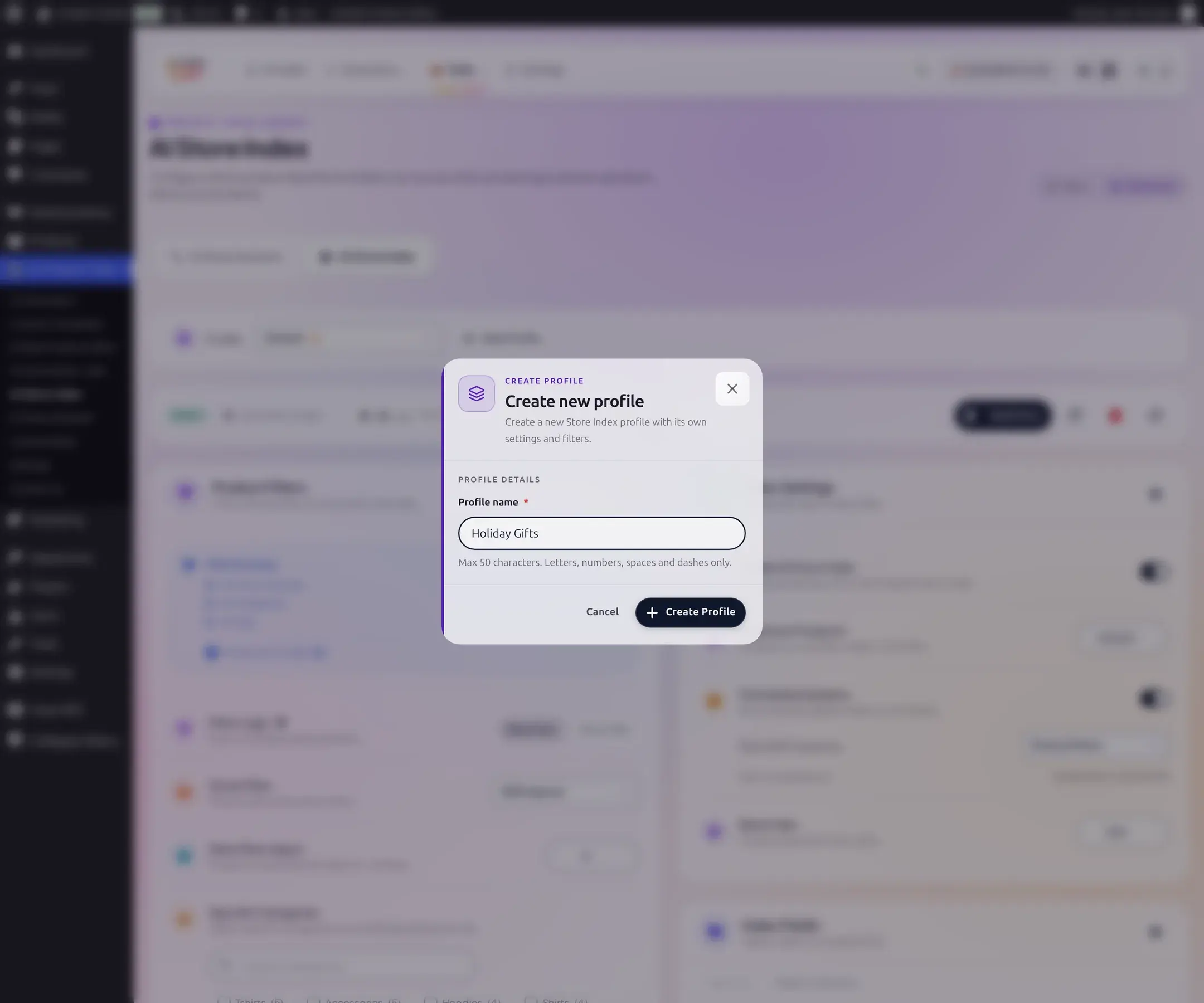 Create new profile dialog with a profile name typed in