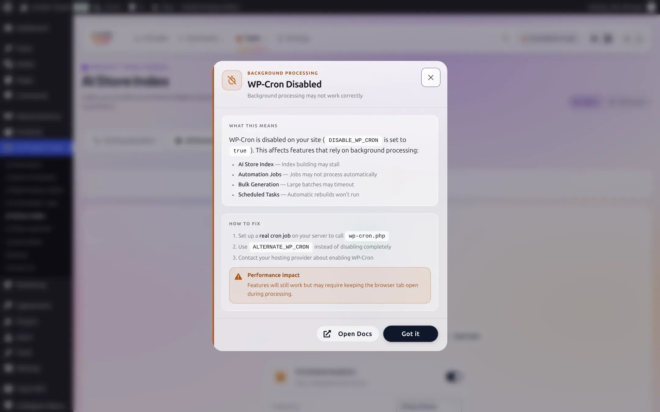 WP-Cron Disabled modal listing affected features and how to fix it, with Open Docs and Got it buttons