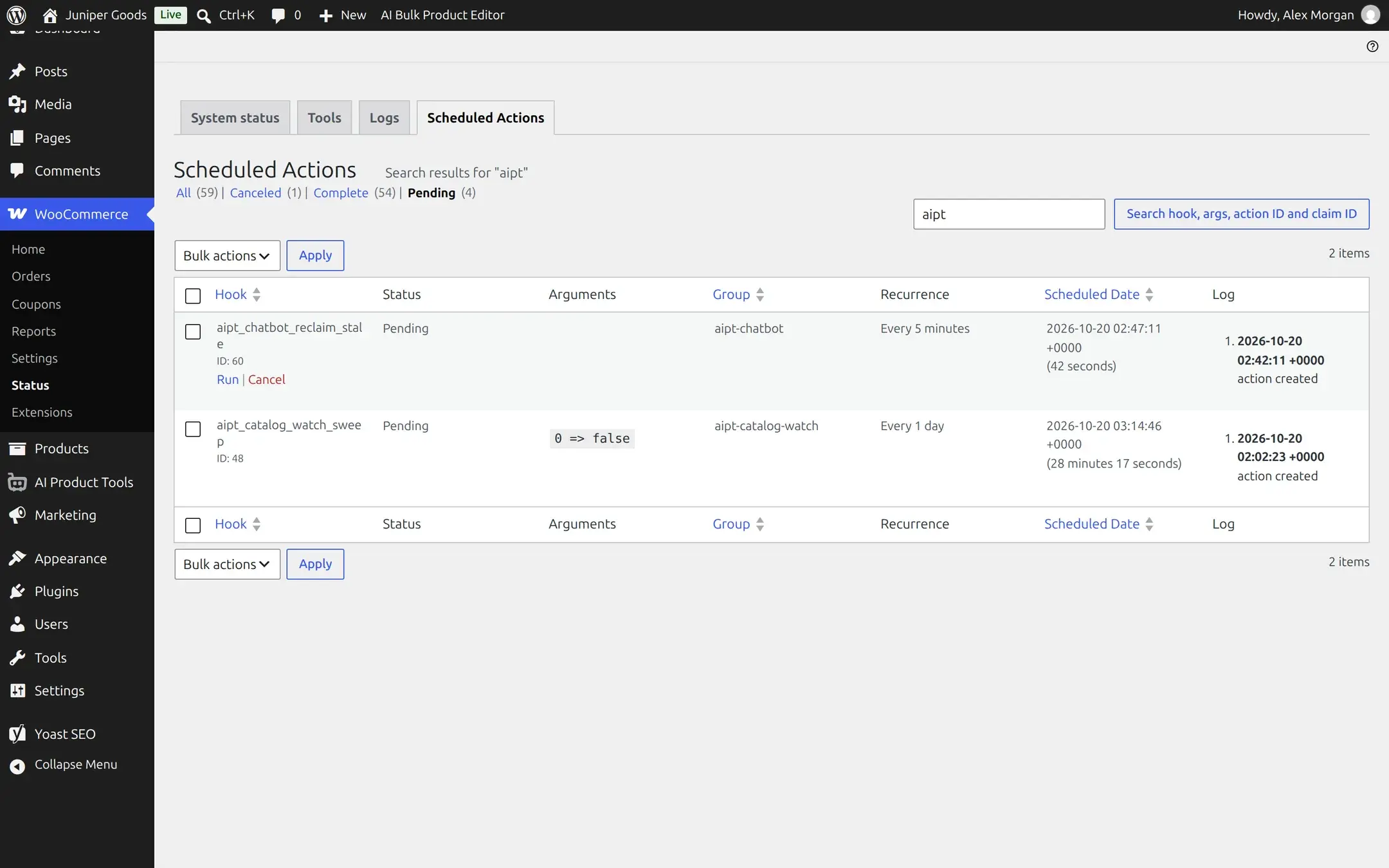 WooCommerce Scheduled Actions screen filtered to aipt, showing aipt_catalog_watch_sweep pending daily in the aipt-catalog-watch group and aipt_chatbot_reclaim_stale pending every 5 minutes in the aipt-chatbot group