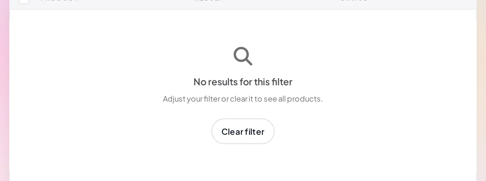 Product picker showing a no products match your filters empty state after searching for a term that matches nothing