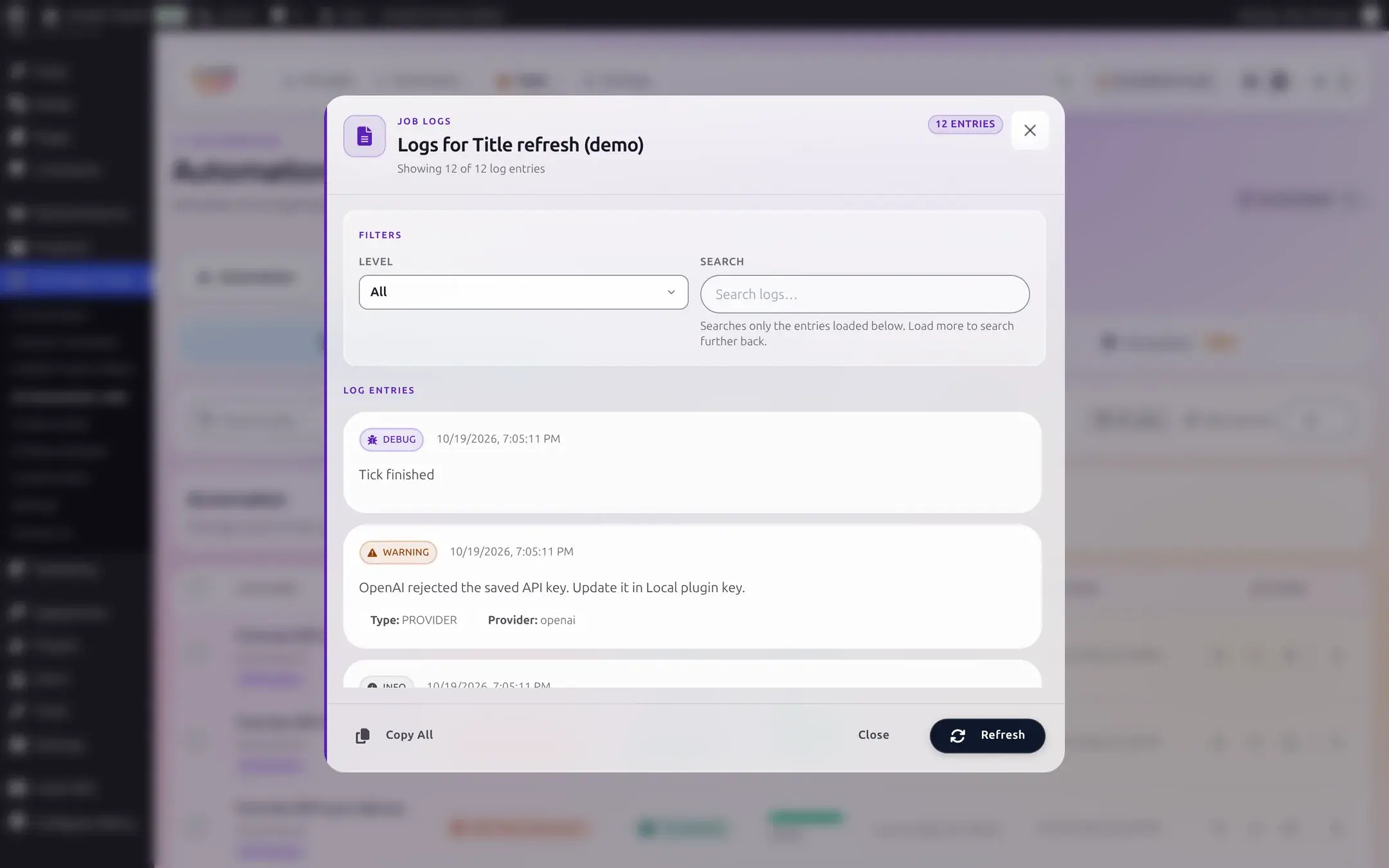 Job Logs panel for Title refresh (demo) showing a Warning entry reading OpenAI rejected the saved API key, update it in Local plugin key, tagged Type Provider and Provider openai