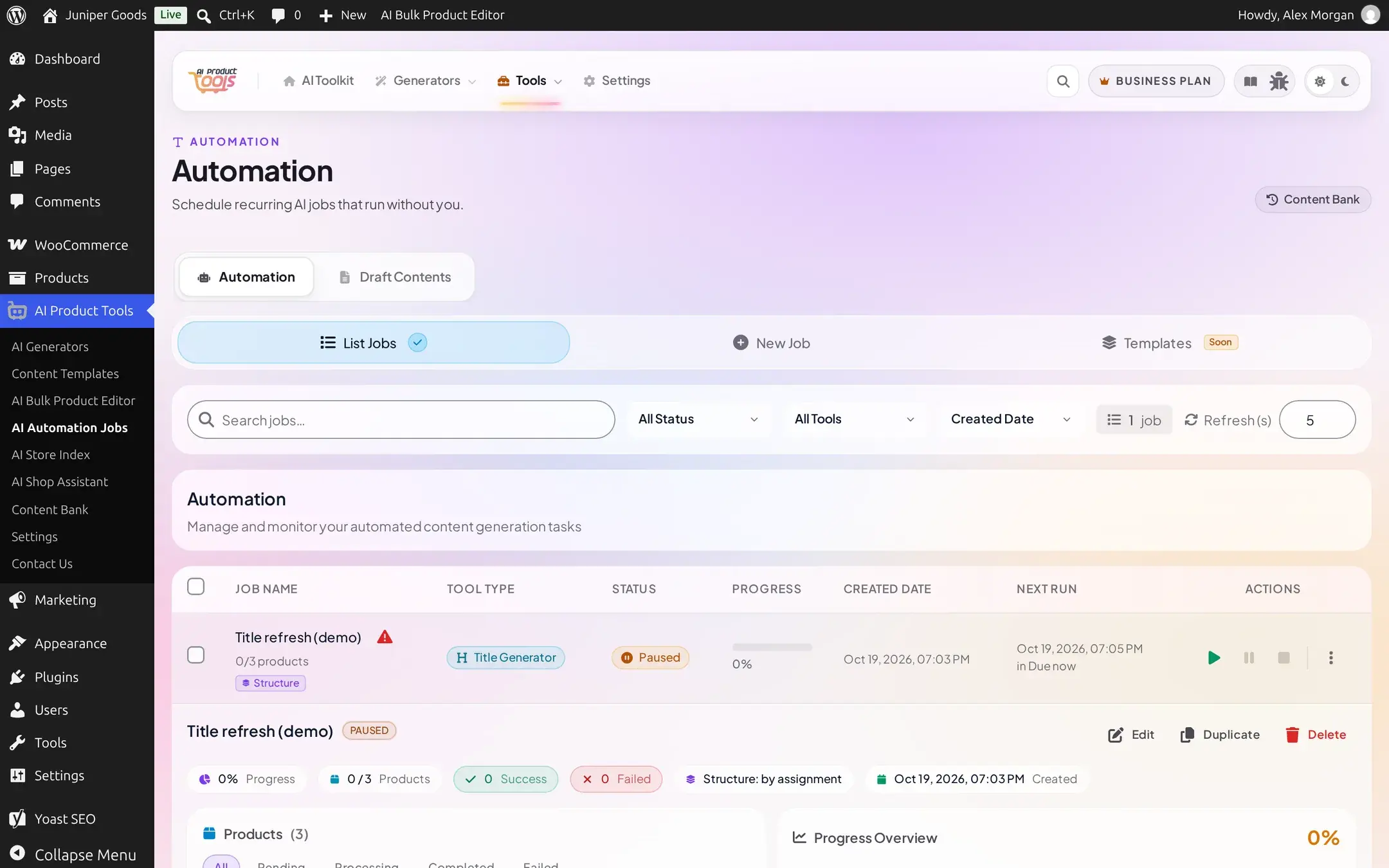 Automation Jobs list showing a Title refresh job with a Paused status badge, a warning icon next to its name, and 0 of 3 products processed