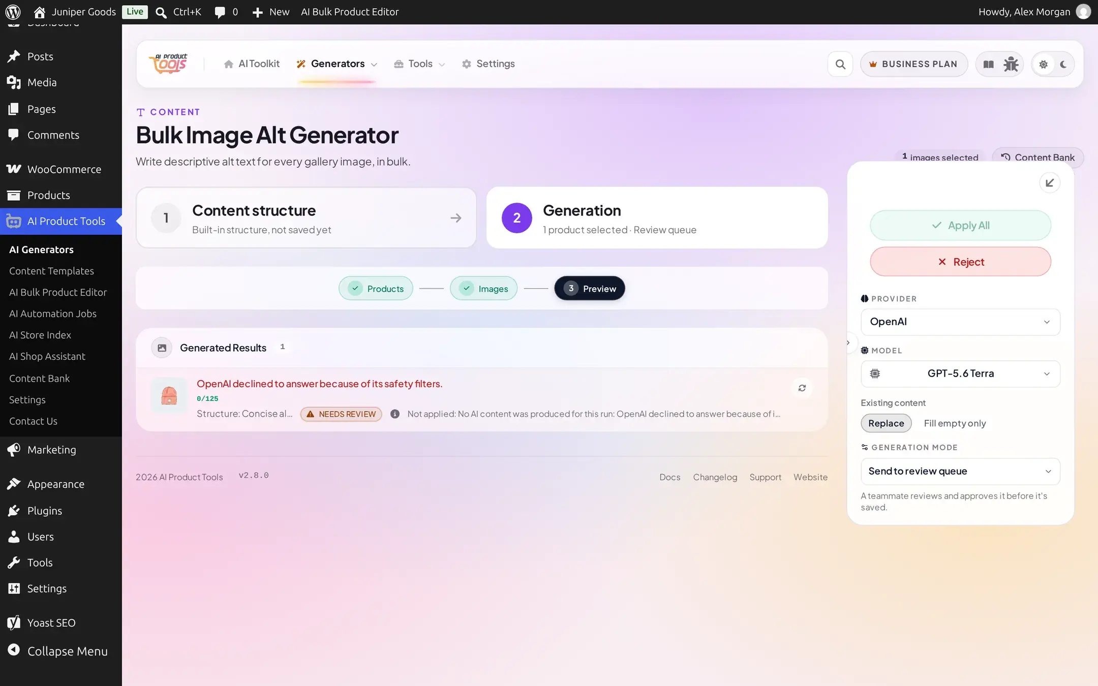 Bulk image alt generator showing OpenAI declined to answer because of its safety filters for one image, with a Needs Review badge