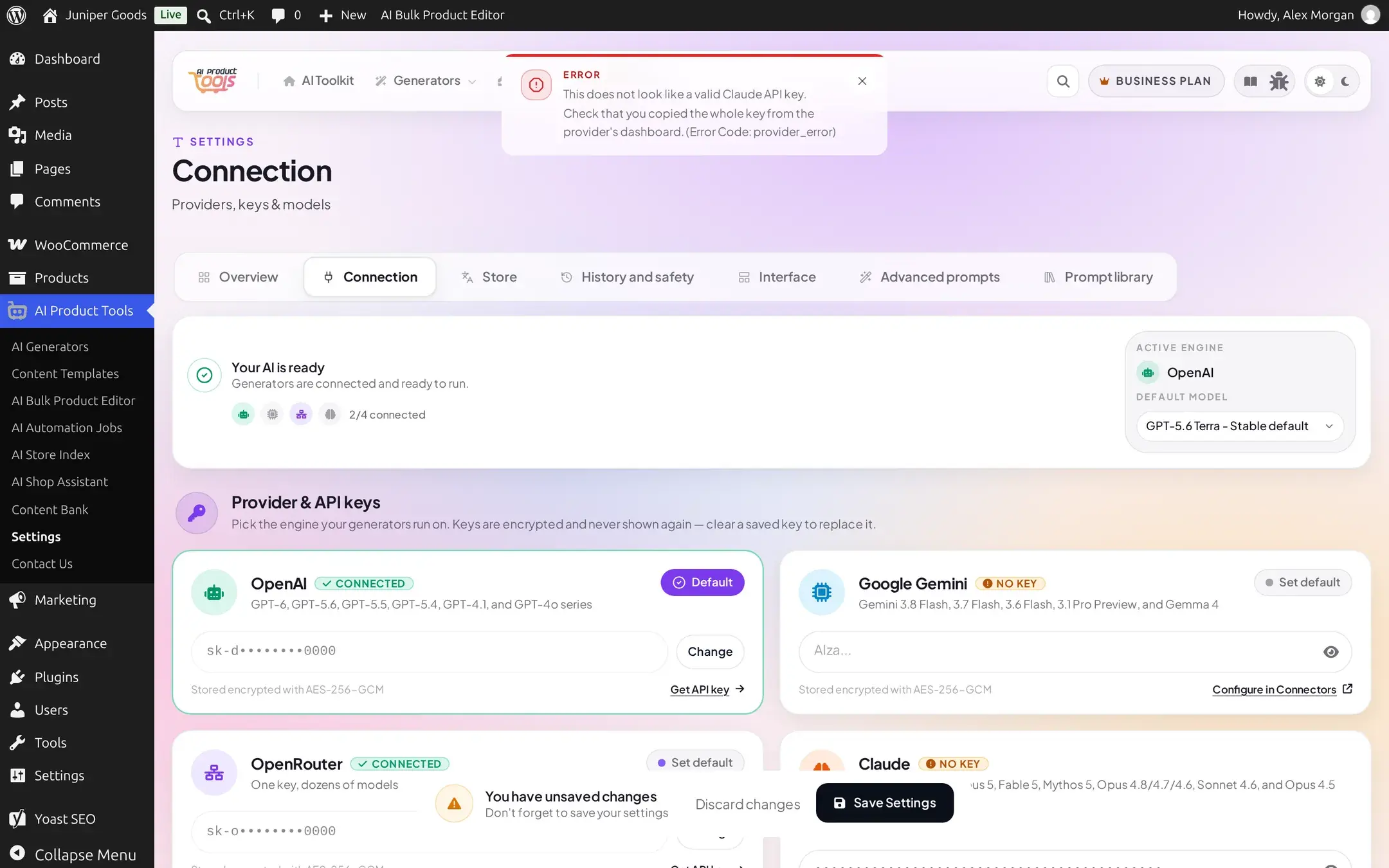 Settings Connection page showing an error toast reading this does not look like a valid Claude API key