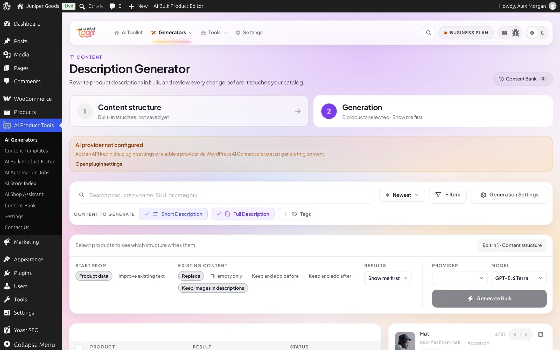 Bulk description generator showing an amber AI provider not configured banner with an Open plugin settings link, an empty Provider picker, and a disabled Generate Bulk button