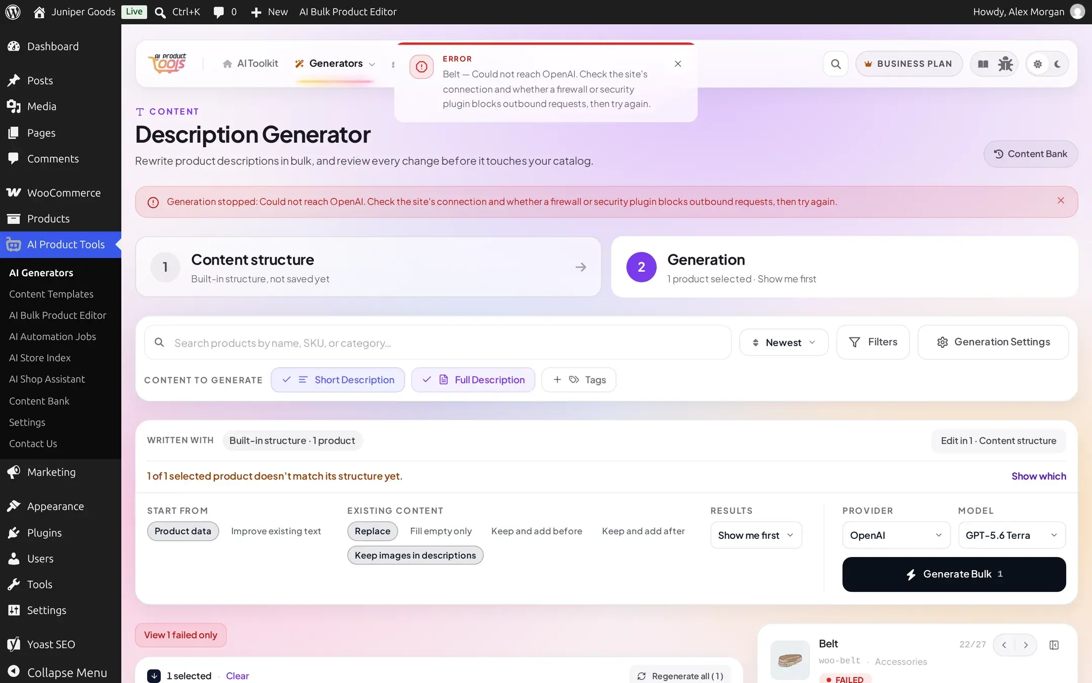 Error toast reading Belt, could not reach OpenAI, check the site's connection and whether a firewall or security plugin blocks outbound requests