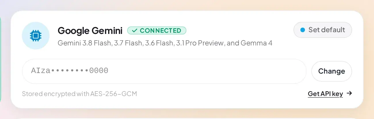 Google Gemini provider card showing a Connected status pill and a masked API key
