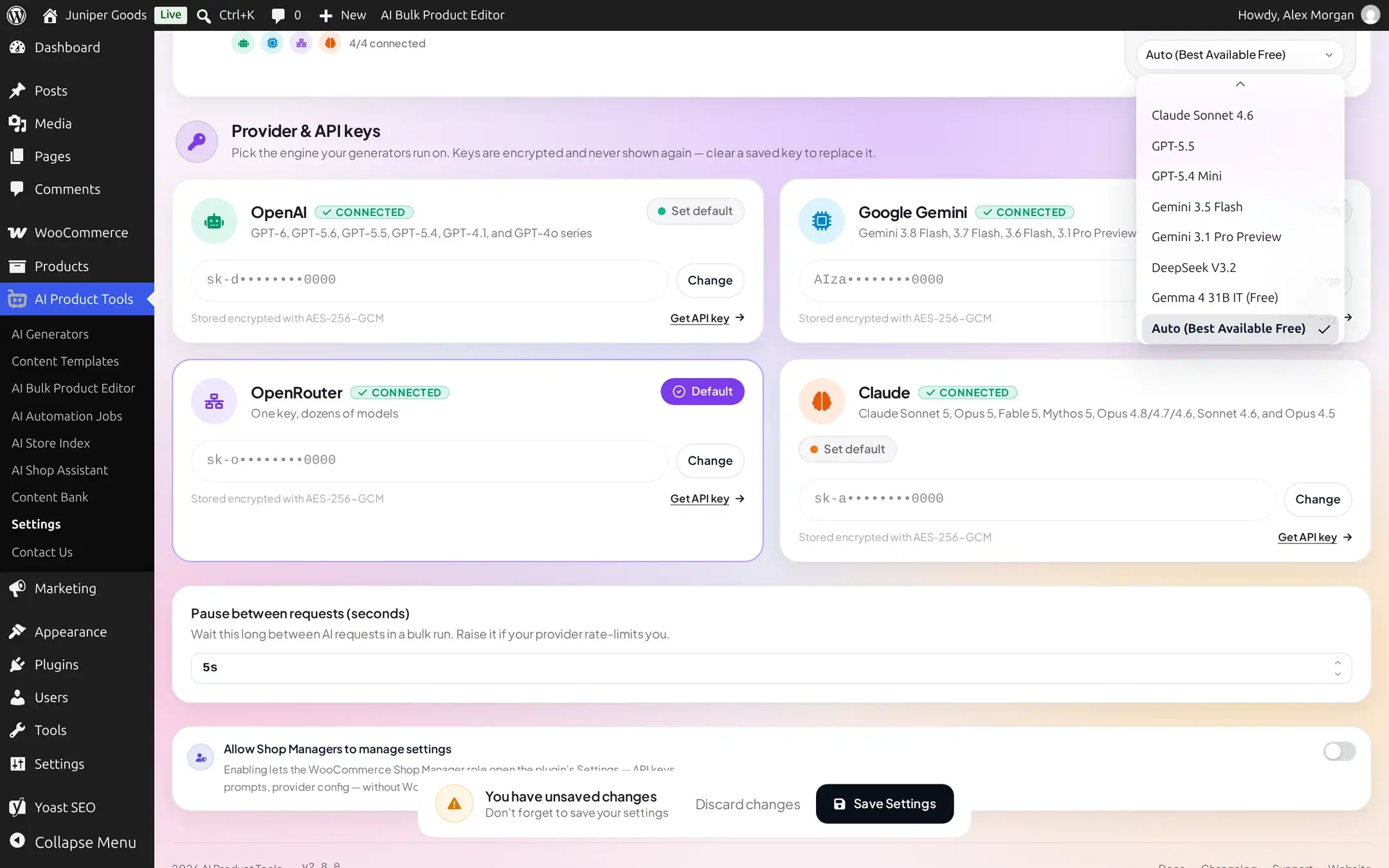 Default AI model dropdown open showing OpenRouter models including Claude Sonnet 4.6, GPT-5.5, Gemini 3.1 Pro Preview, DeepSeek V3.2, Gemma 4 31B IT Free, and Auto Best Available Free