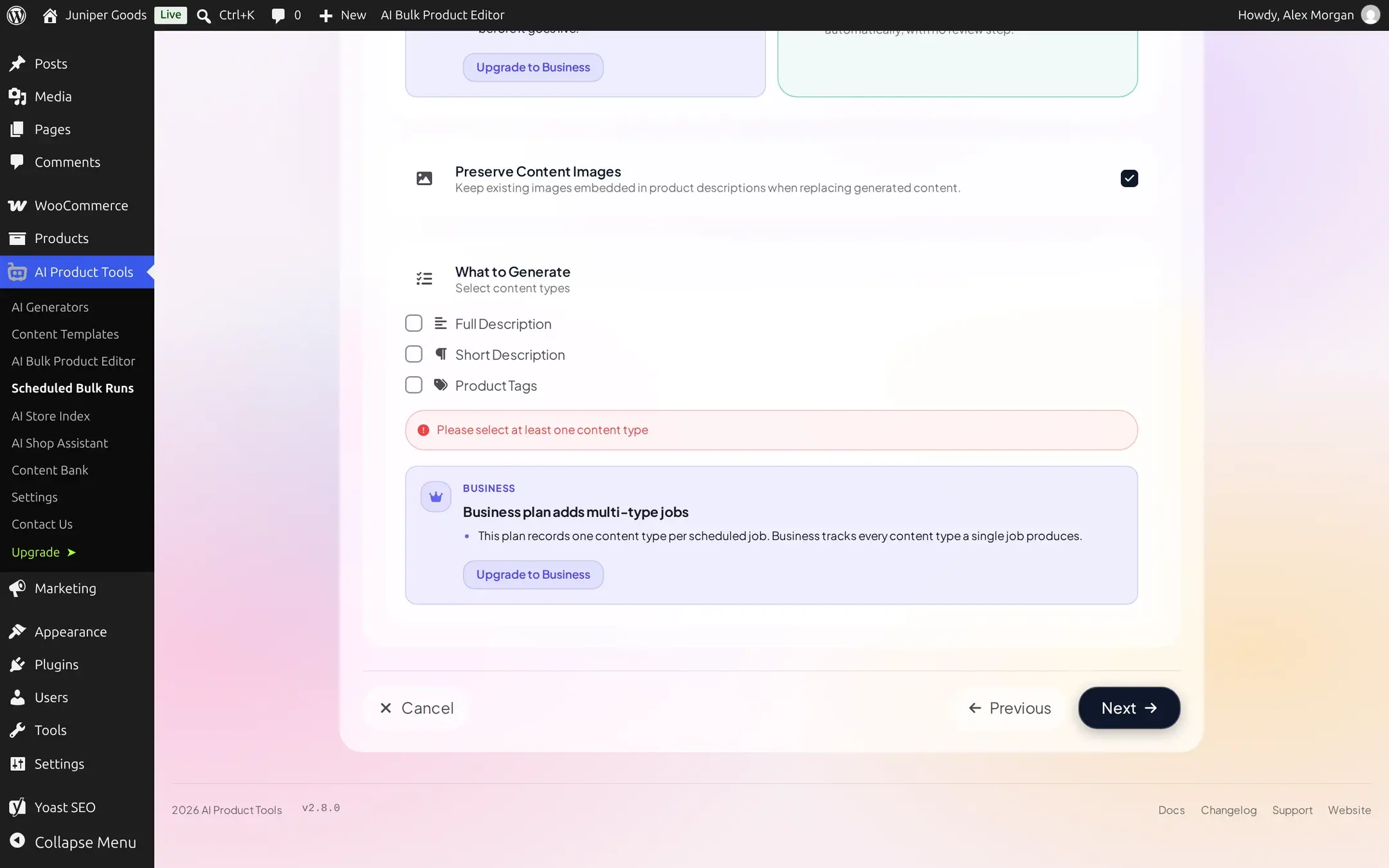 Free plan Content Settings step with a locked Stage for Review teaser and a locked multi-type teaser