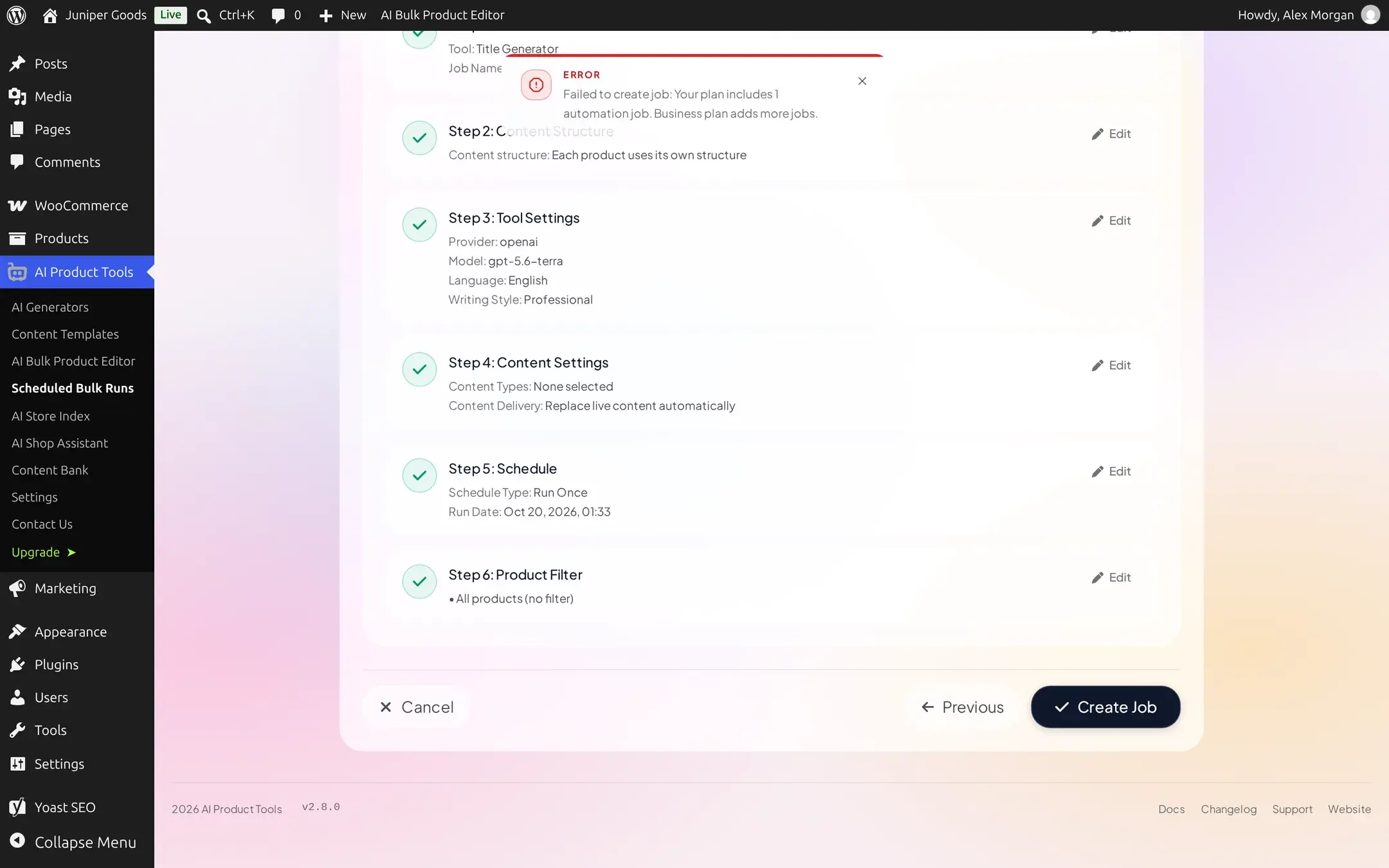Error toast reading Failed to create job: Your plan includes 1 automation job, Business plan adds more jobs, over the Review step of a second job