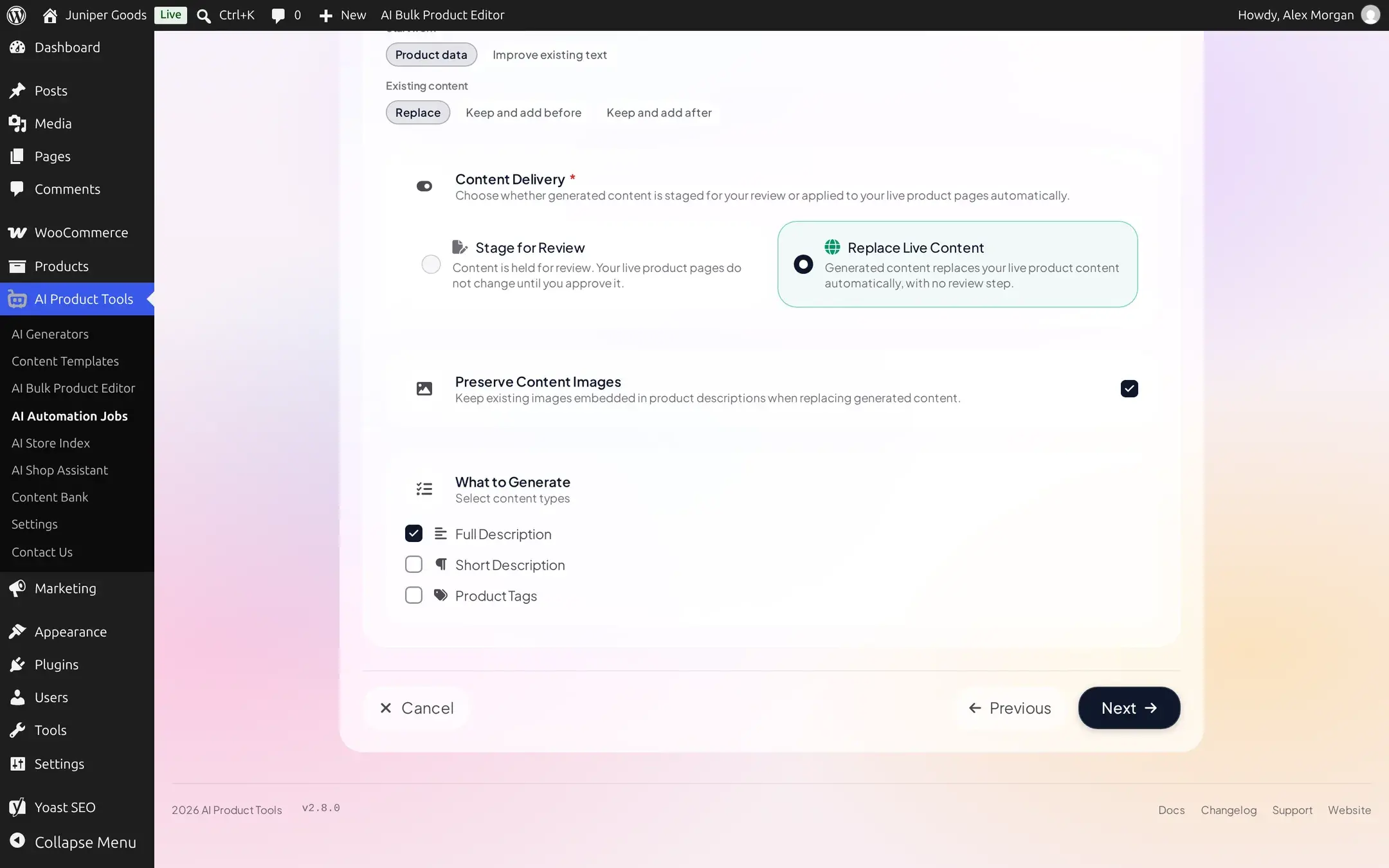 Content Settings step with Start from, Content Delivery set to Replace Live Content, Preserve Content Images checked, and Full Description selected under What to Generate