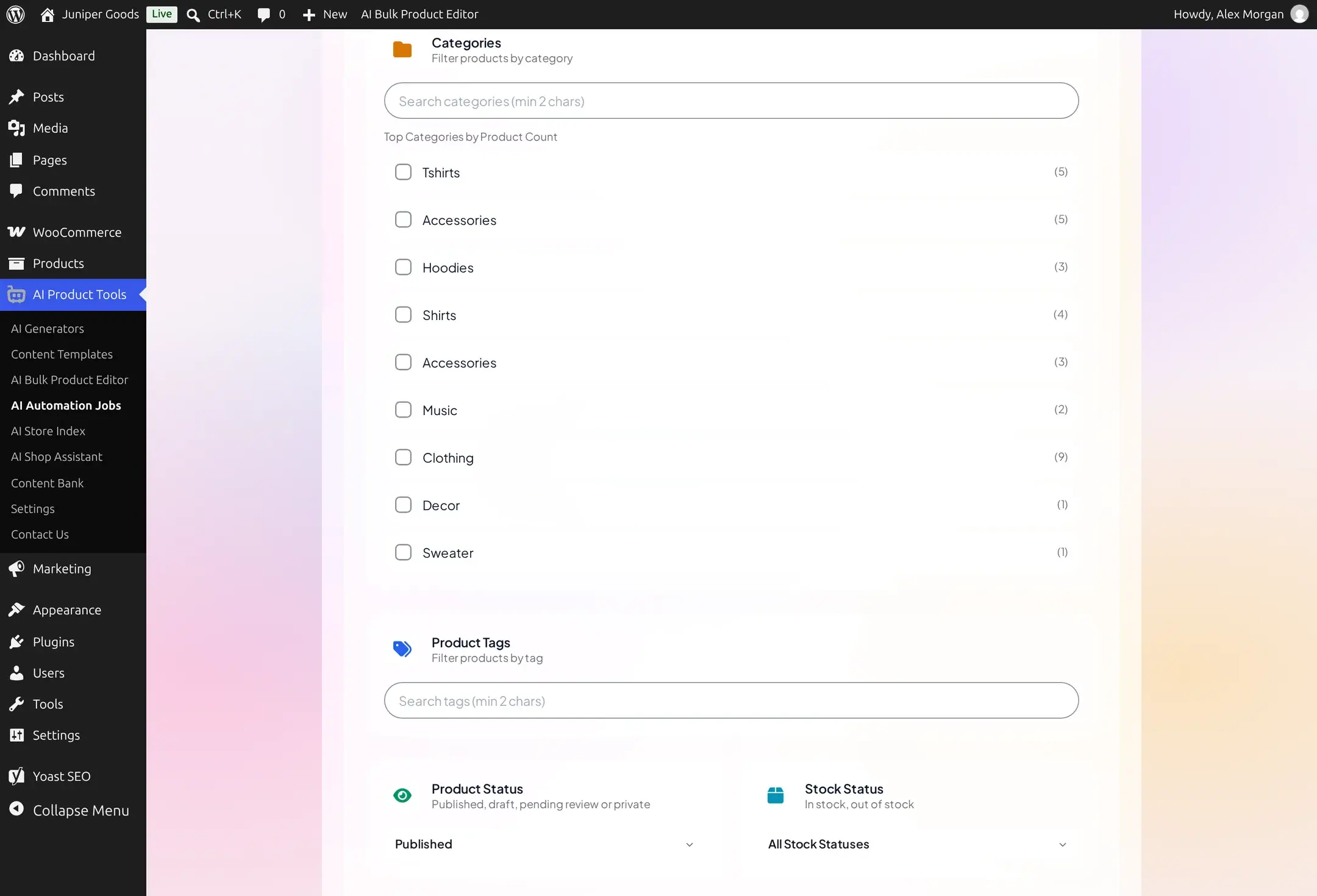Product Filter step with Categories, Product Tags, Product Status, and Stock Status controls