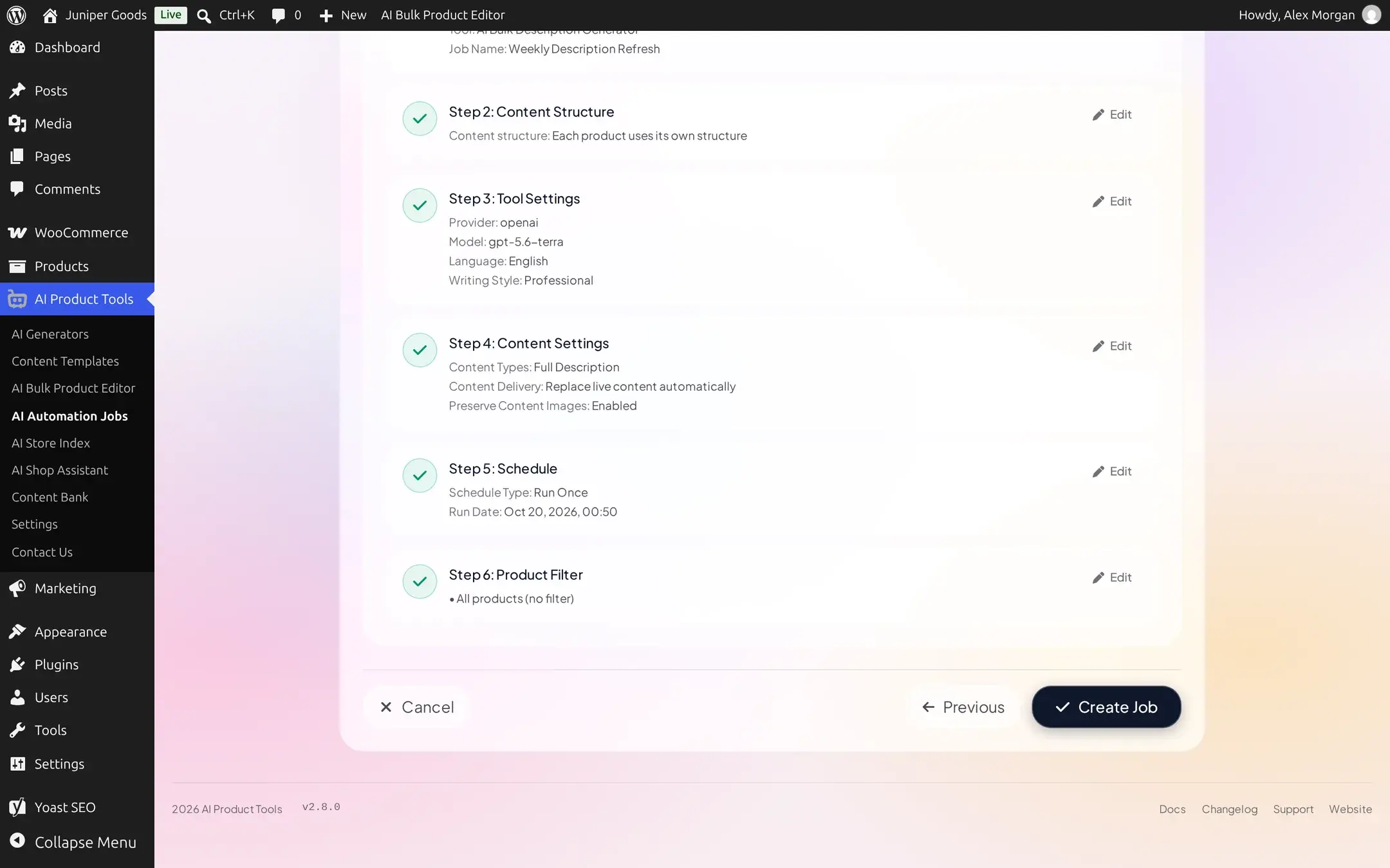 Review step listing Tool Selection, Content Structure, Tool Settings, Content Settings, Schedule, and Product Filter, each with an Edit link, above a Create Job button