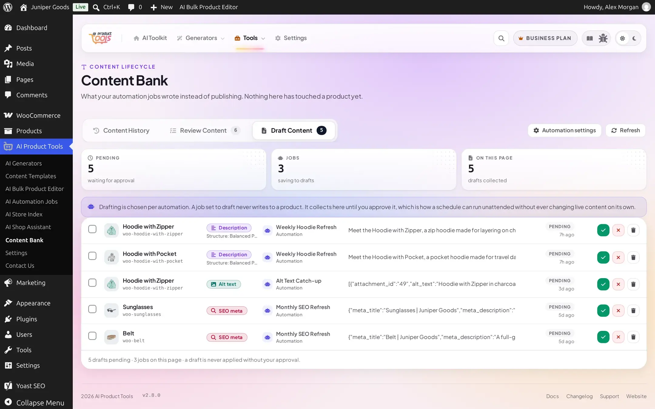 Draft Content list on Business showing five pending drafts from three different automation jobs, across description, alt text, and SEO meta content types