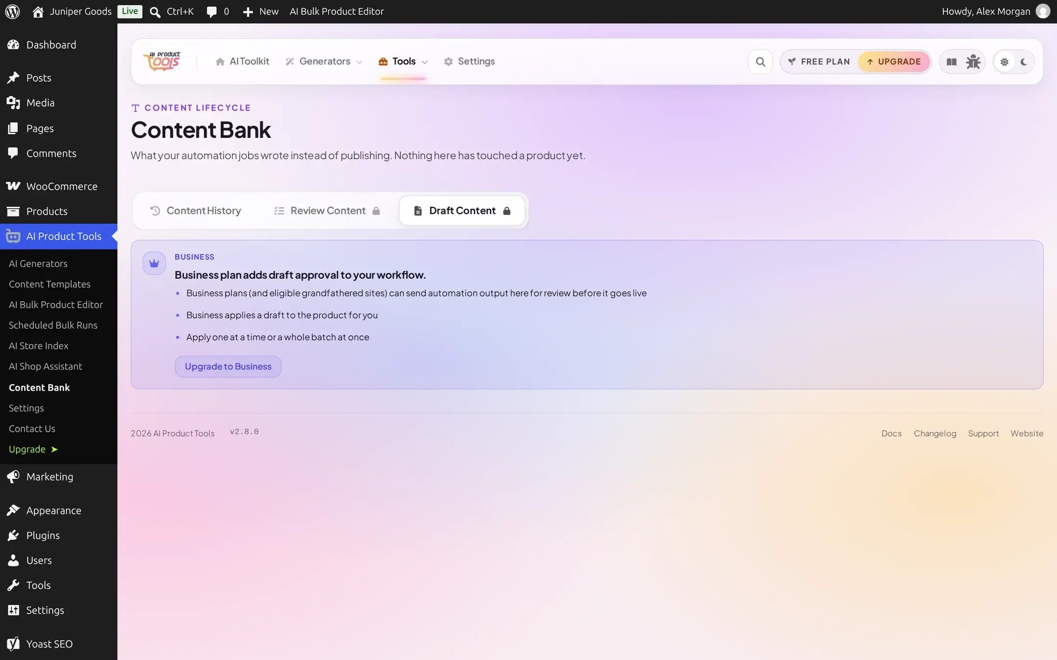 Draft Content tab on a Free plan showing a locked Business upsell teaser with three bullet points and an Upgrade to Business button