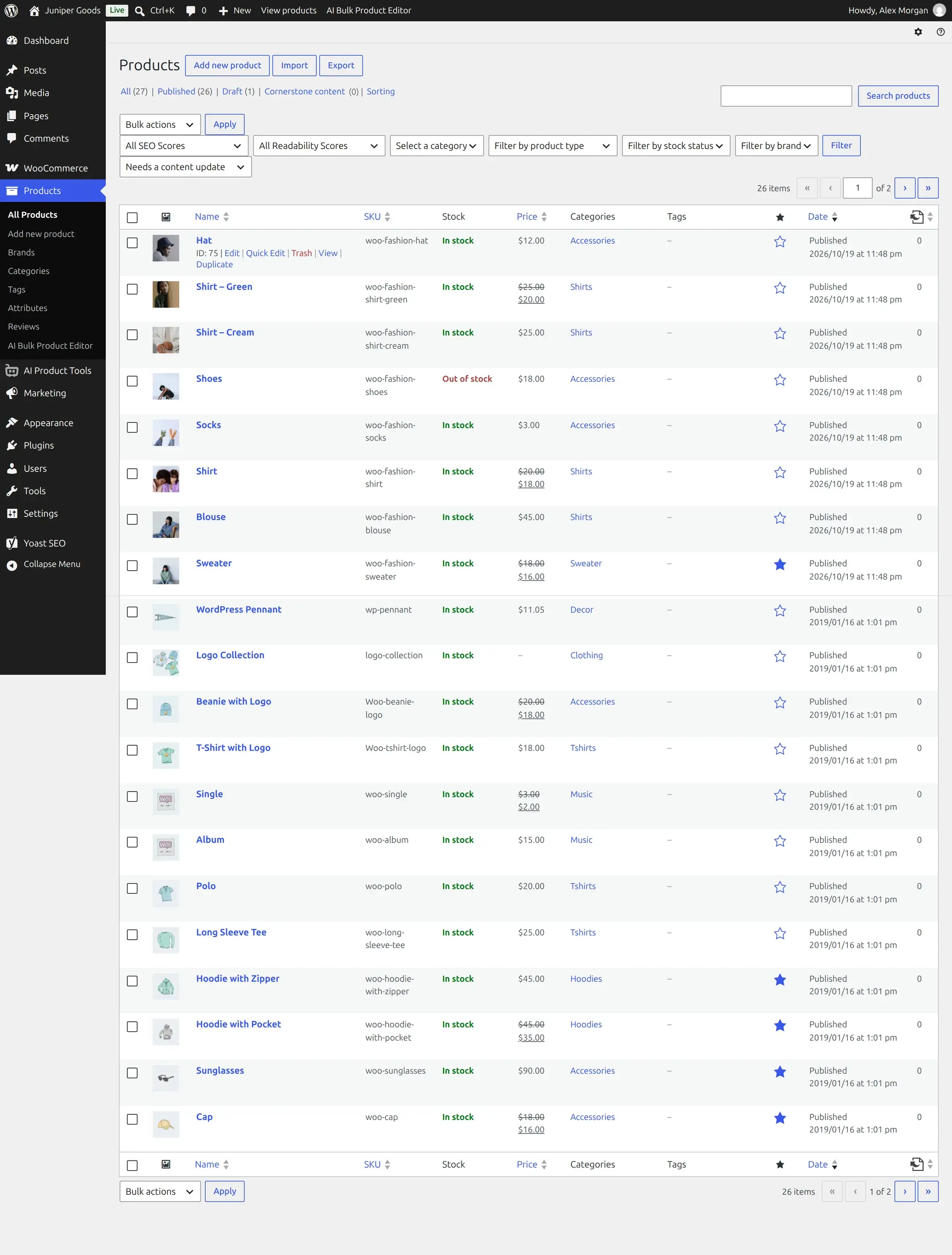 WooCommerce Products list filtered to the products Catalog watch flagged as needing an update