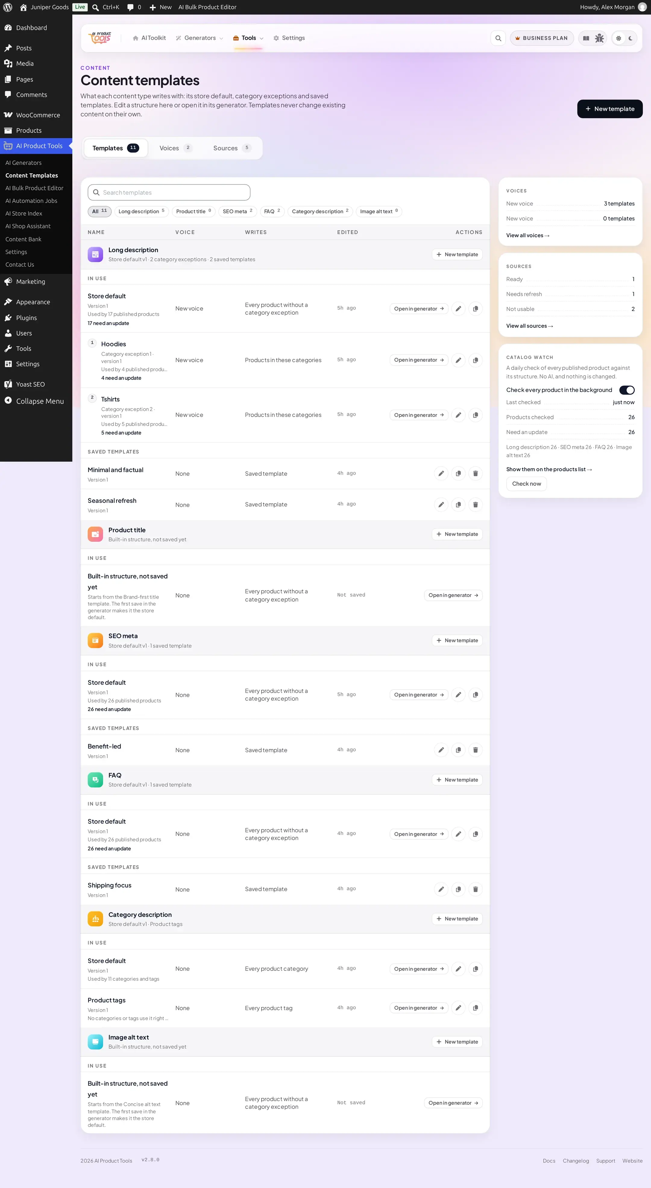 Catalog watch card showing a finished check with Last checked, Products checked and a Need an update breakdown by content type, plus a Show them on the products list link