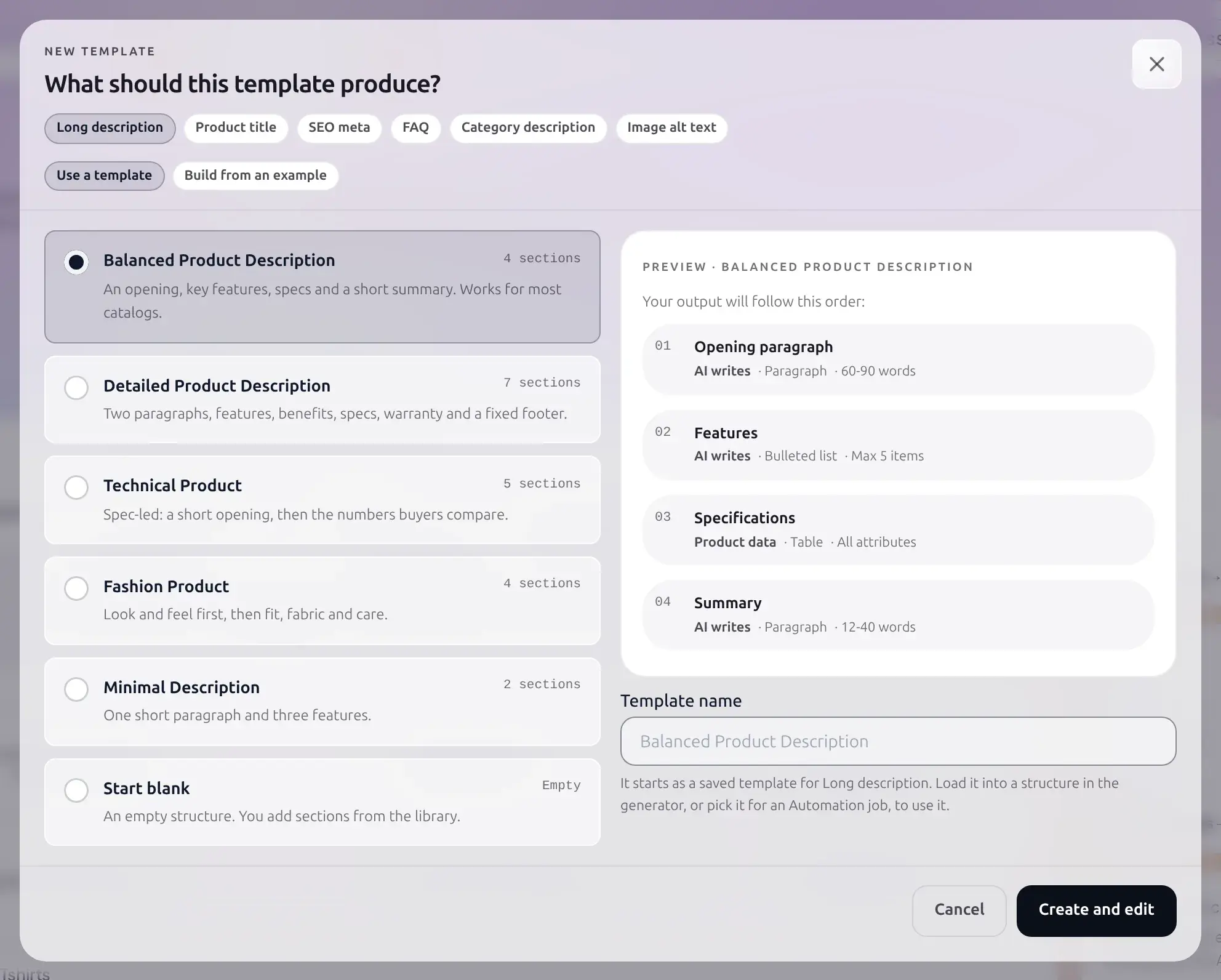New template dialog with content type chips across the top and a radio list of starter templates below, each showing a section-order preview