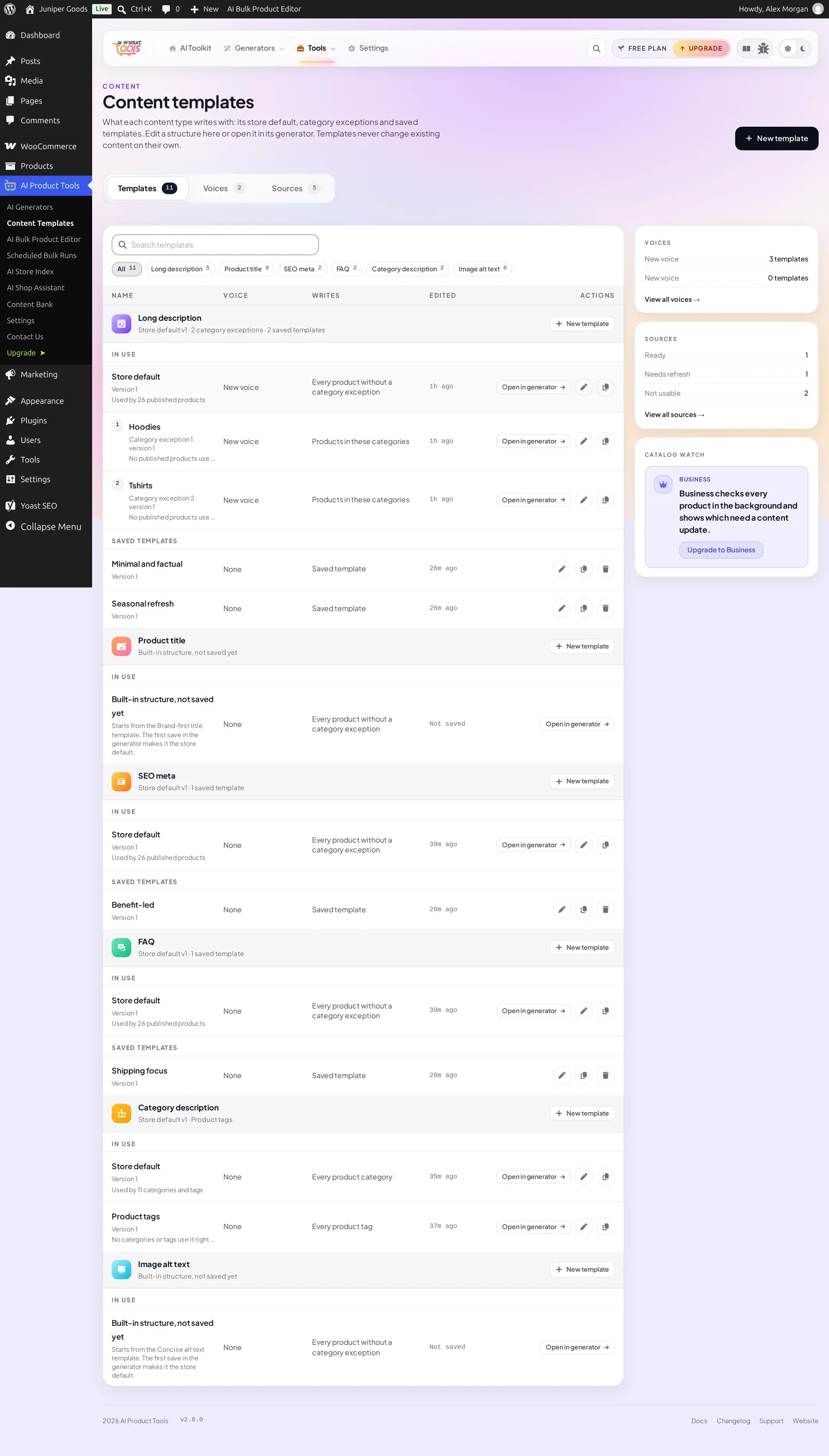 Content Templates page on the Free plan with the Catalog watch card showing a Business badge, a short explanation, and an Upgrade to Business button instead of a toggle