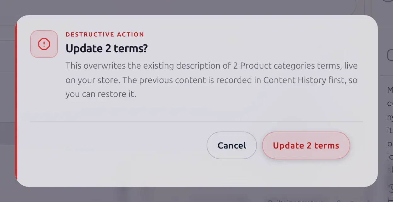 Confirmation dialog reading Update 2 terms, this overwrites the existing description