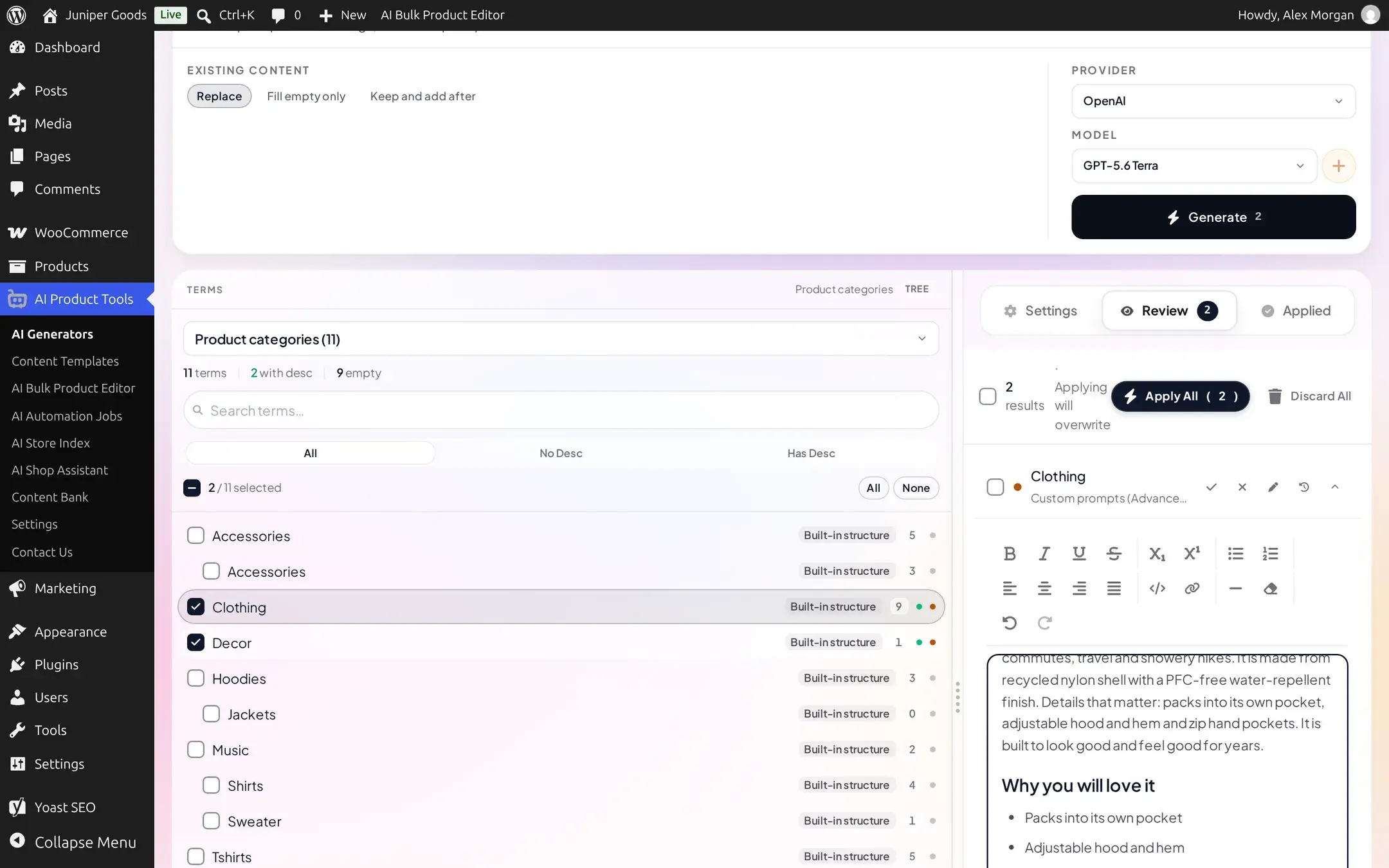 Rich-text editor toolbar open for editing a generated category description