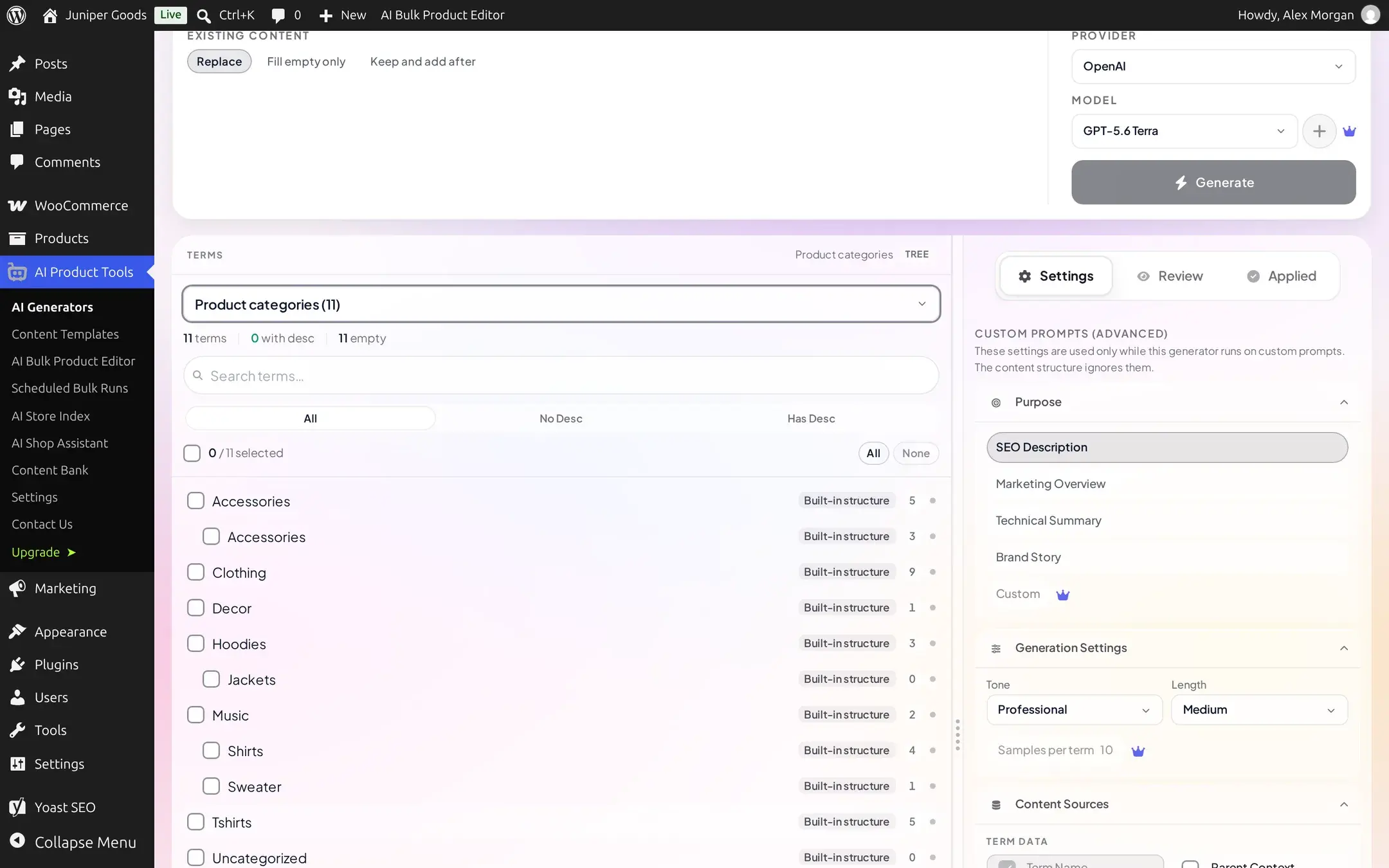 Settings panel on Free showing Custom purpose locked and Samples per term locked at 10