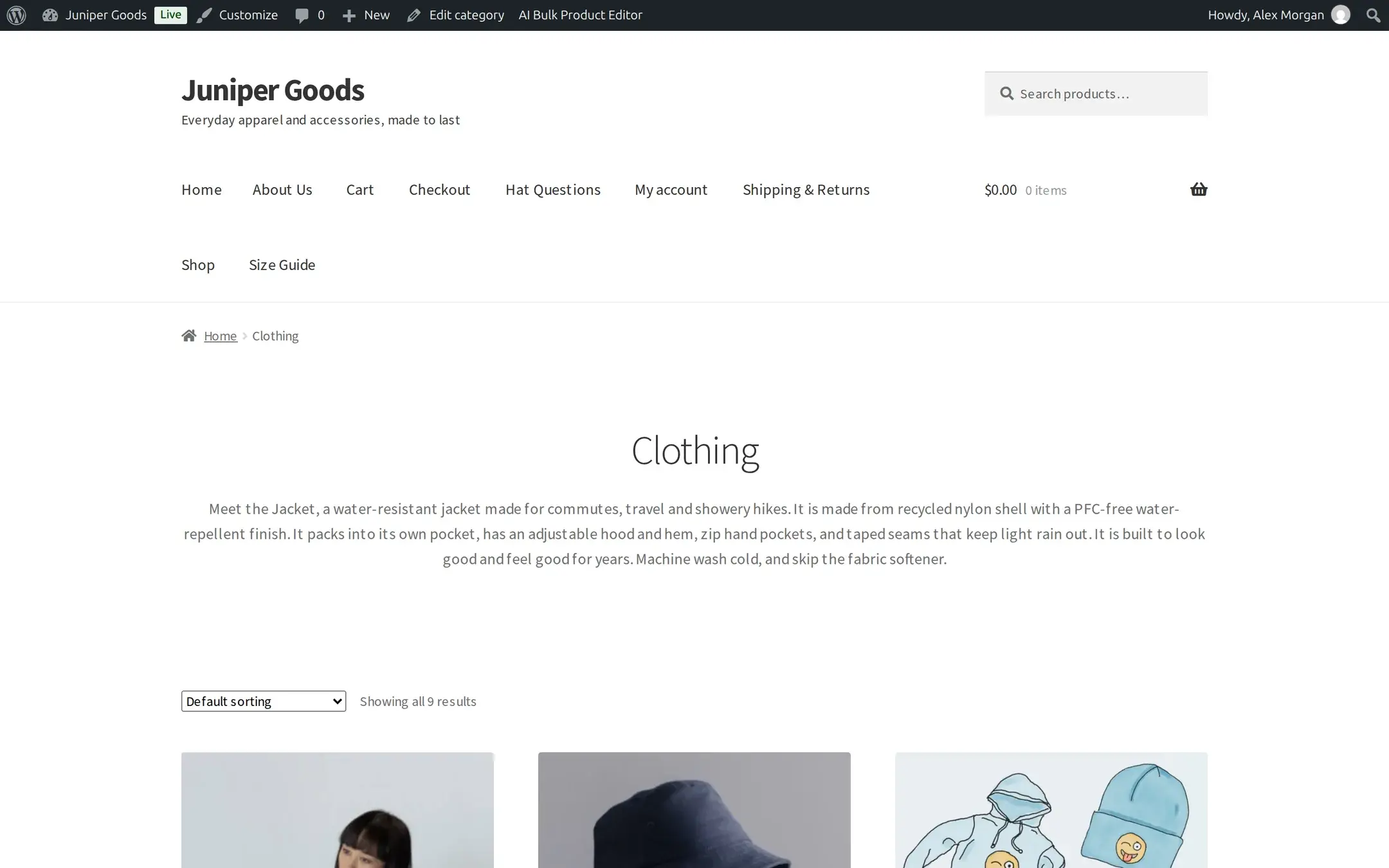 The Clothing category archive page on the Storefront theme showing the new AI-written description