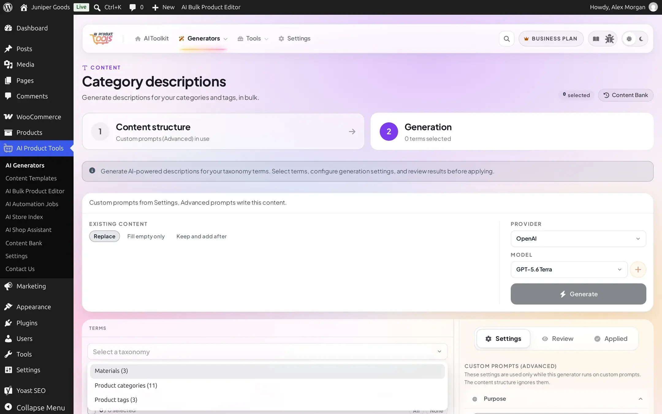 Taxonomy picker dropdown listing a custom Materials taxonomy, Product categories and Product tags