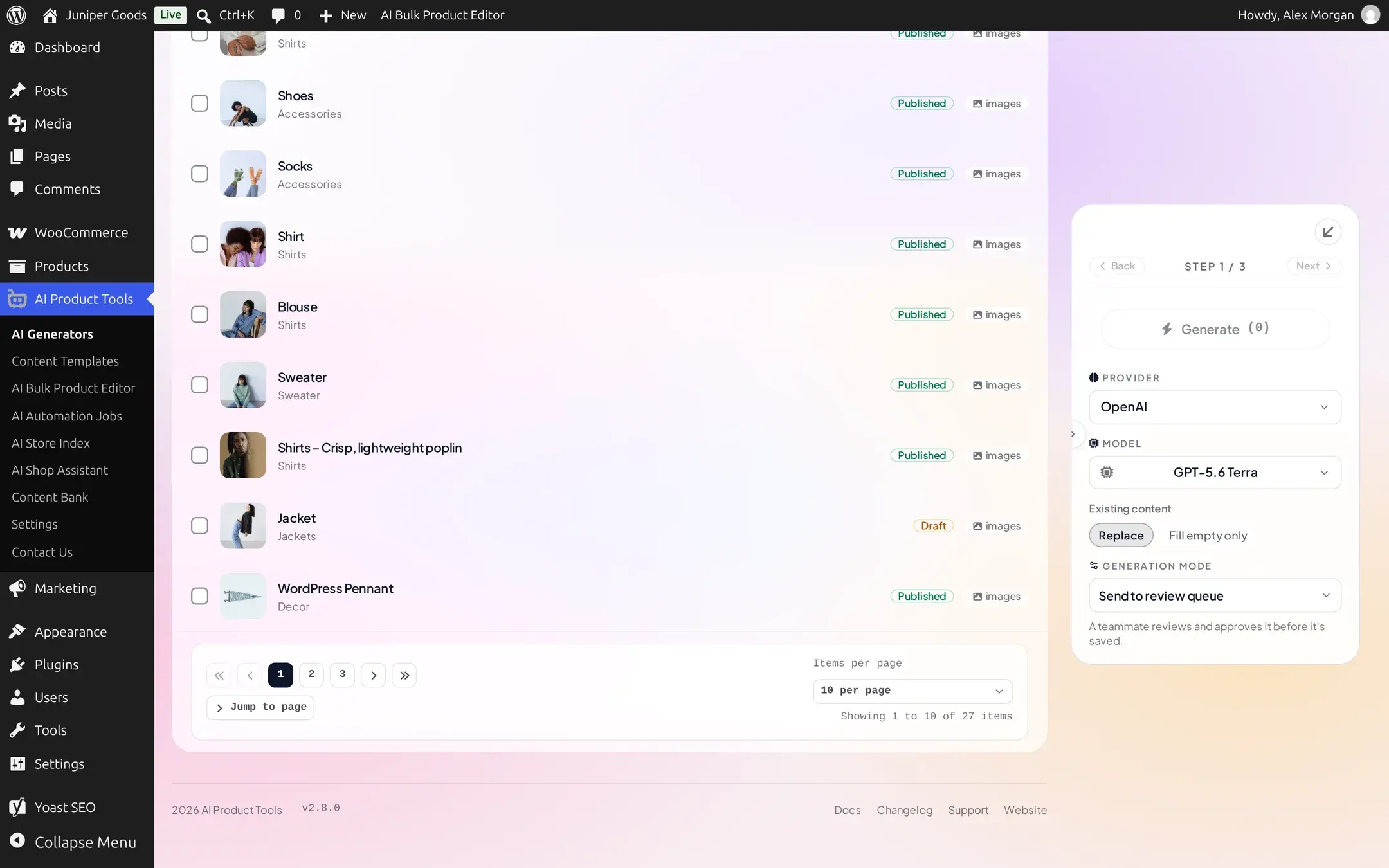 Step 1 Products with a list of WooCommerce products and checkboxes to select them