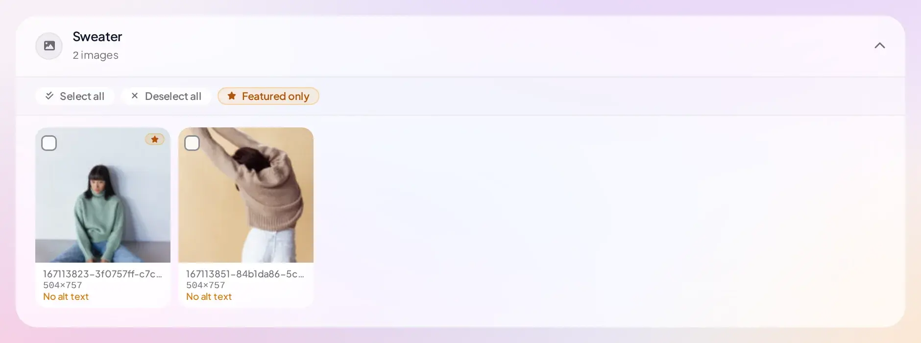 Step 2 Images showing a product's featured image marked with a star and its gallery image, both unchecked