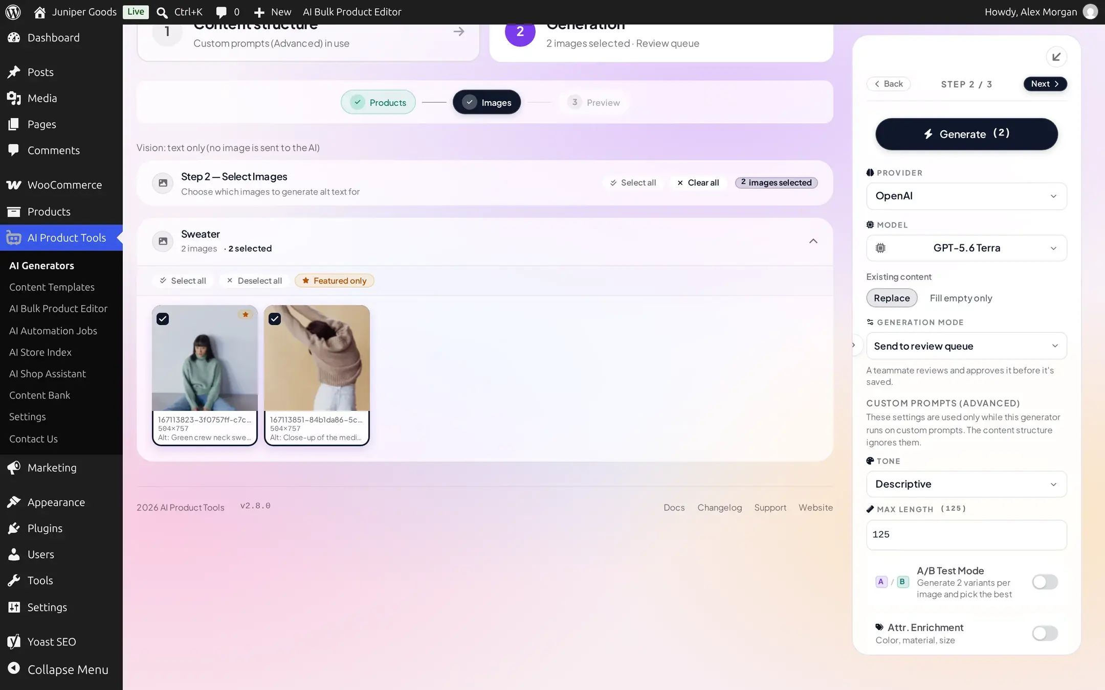 Advanced toolbar on Business with Tone, Max Length, A/B Test Mode and Attribute enrichment all unlocked