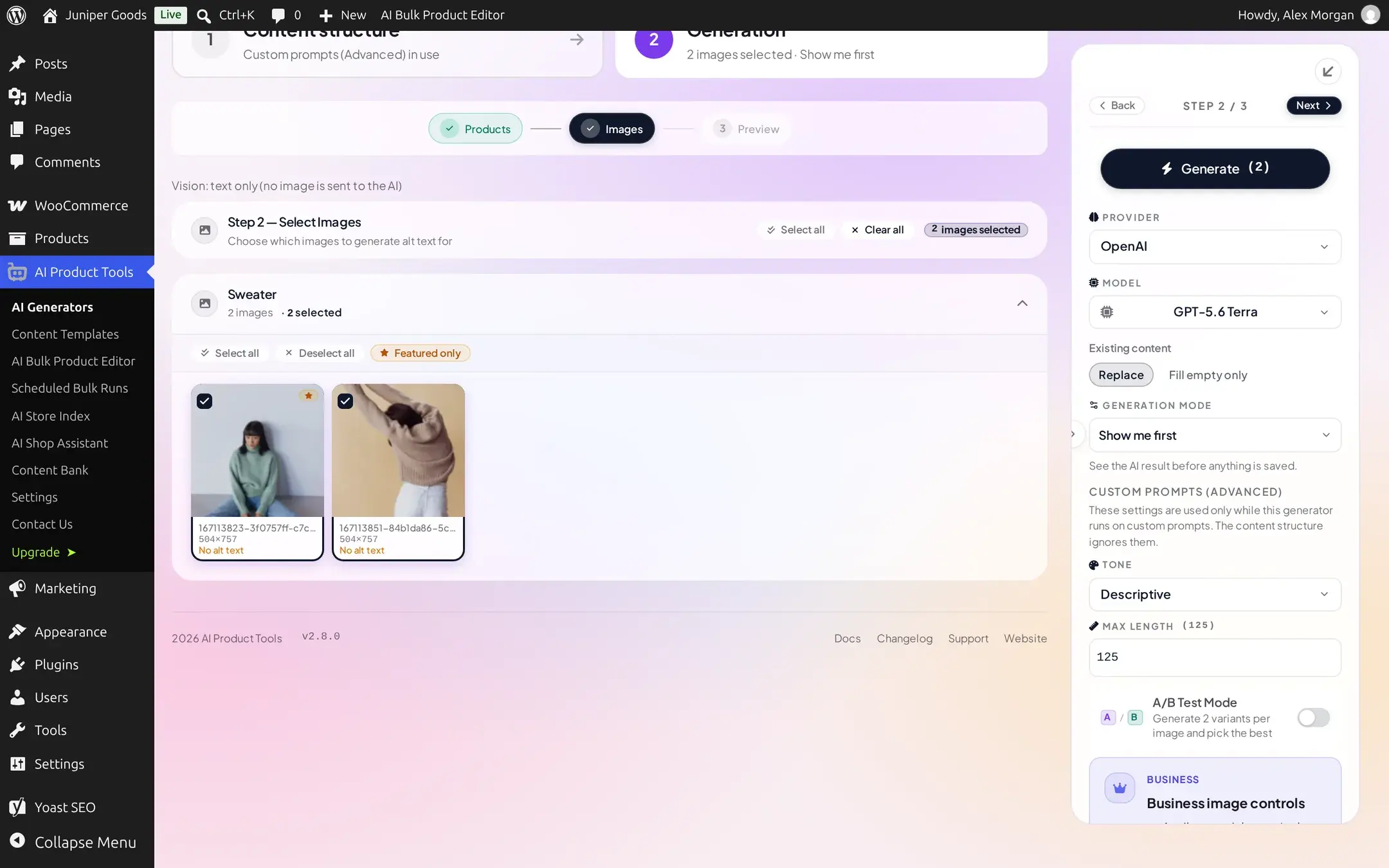 Advanced toolbar on the Free plan with Tone, Max Length and A/B Test Mode unlocked and a Business image controls upsell card