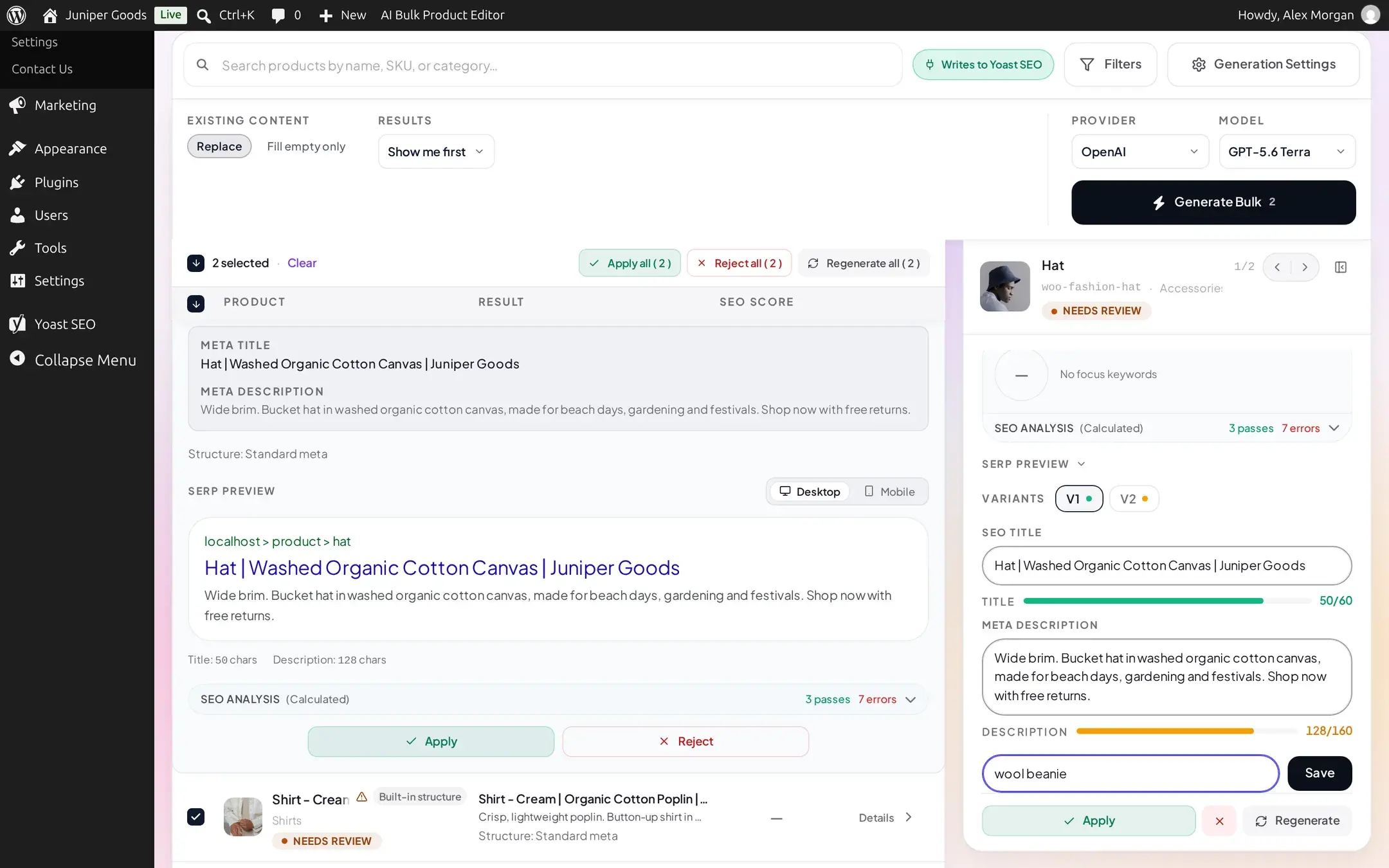 Focus keyword input with the text wool beanie typed in and a Save button