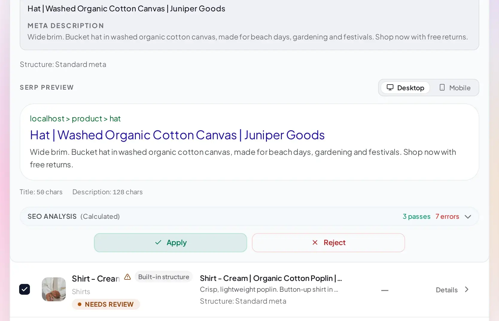 Inline row detail showing the Google SERP preview above the SEO title and meta description fields