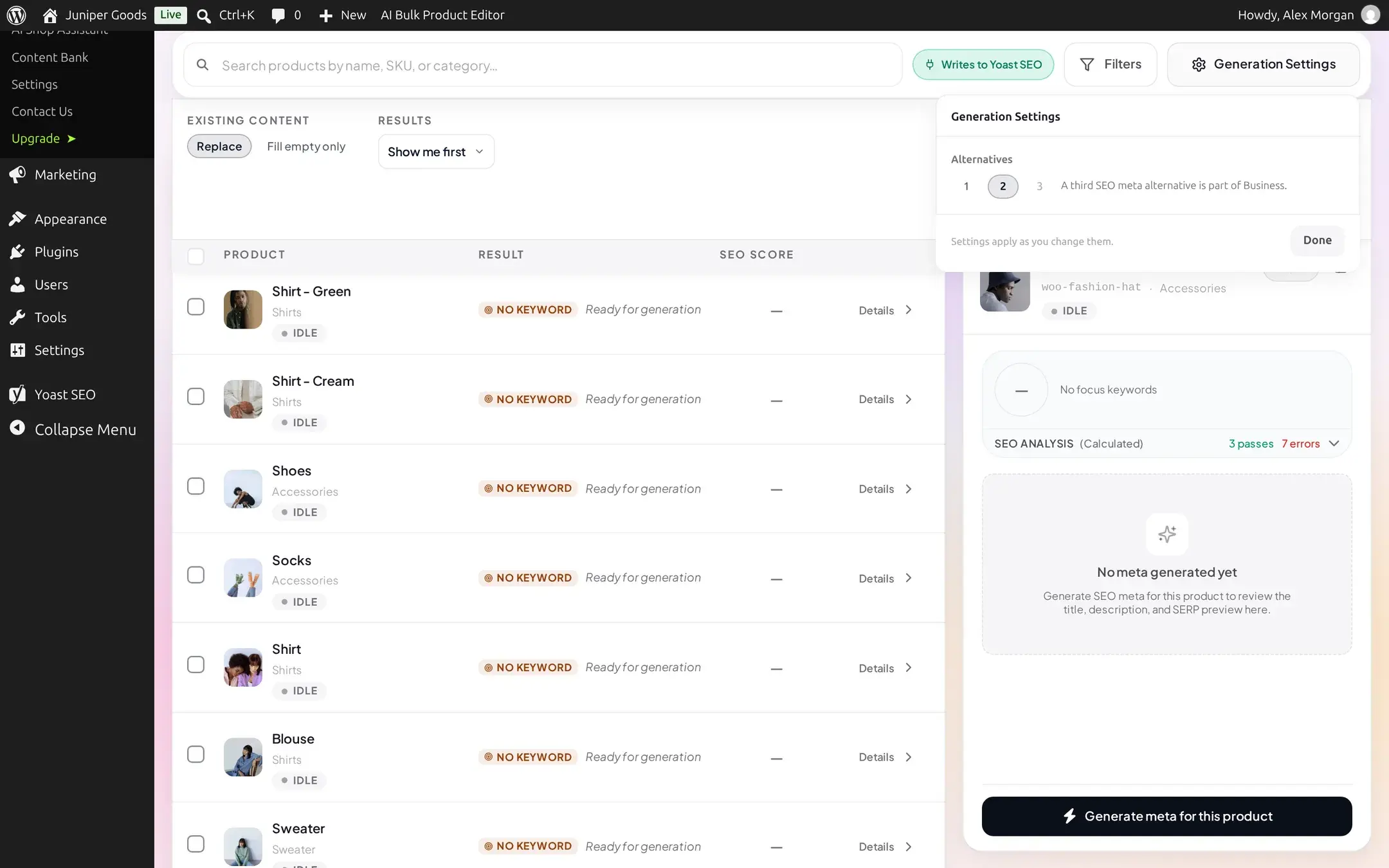 Advanced Generation Settings on Free showing Content toggles and a Business upsell card for focus keyword and data sources