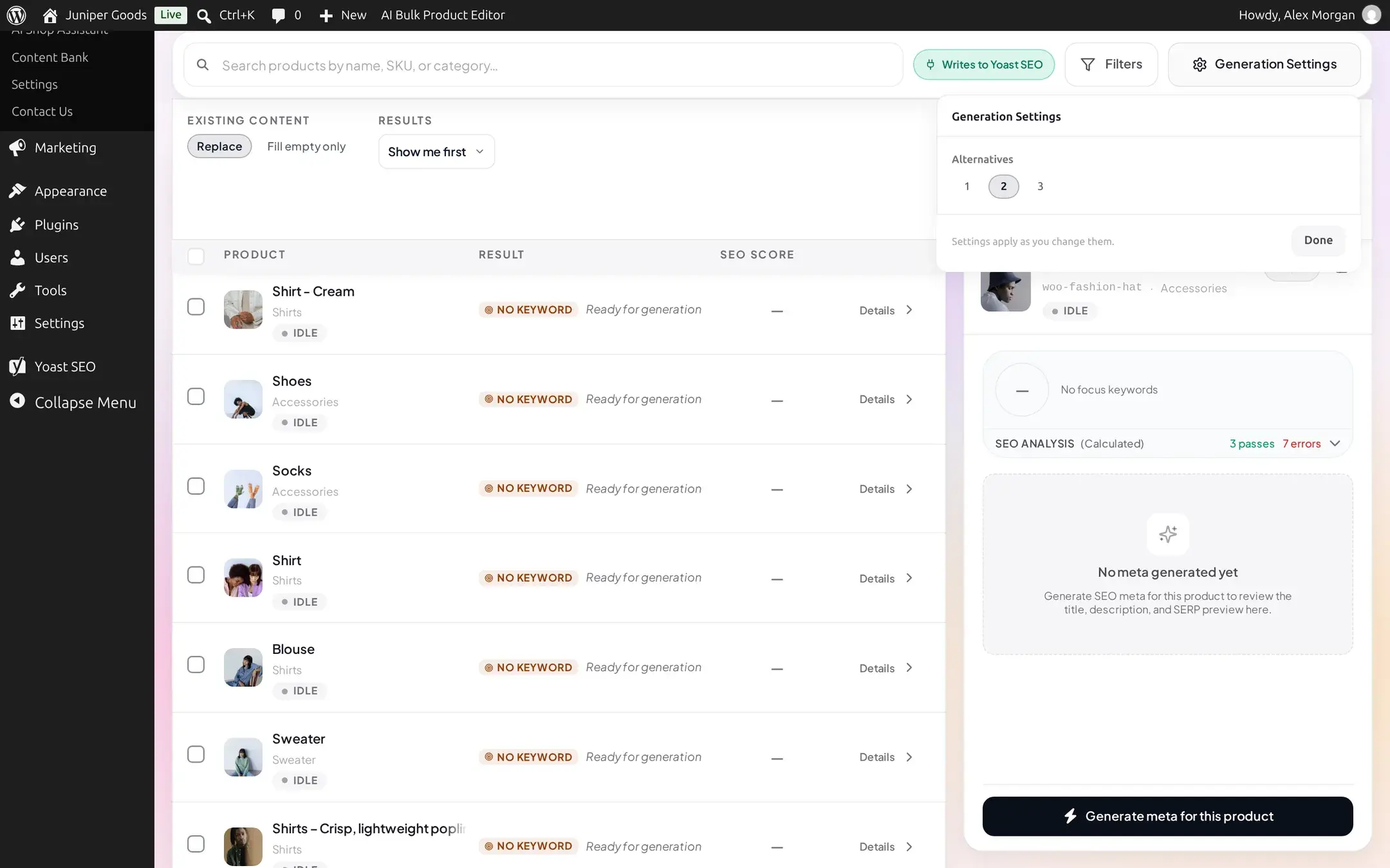 Generation Settings popover showing Alternatives and Meta Title and Meta Description toggles