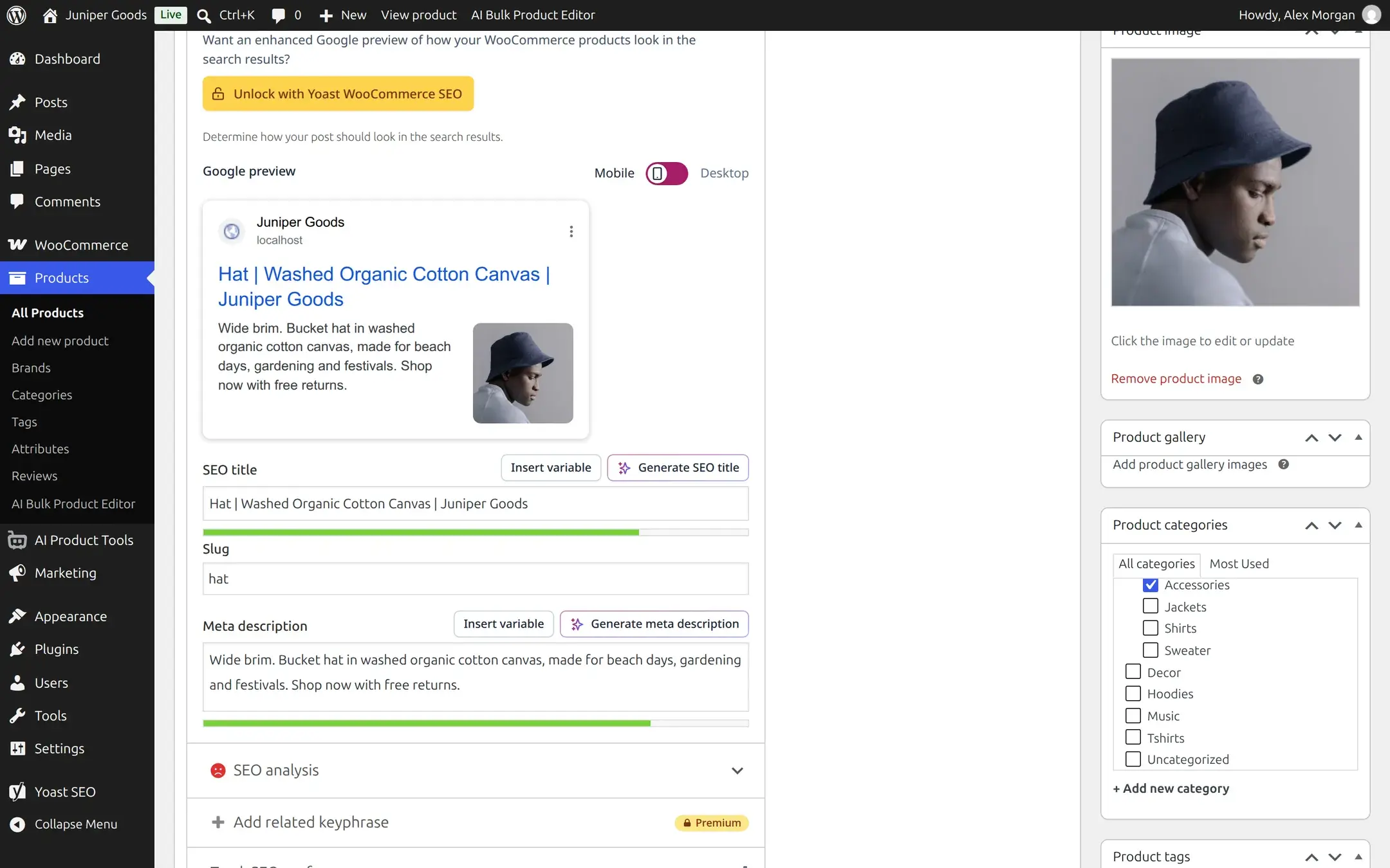 Yoast SEO metabox on the product edit screen showing the Google preview, SEO title and meta description filled in with the generated text