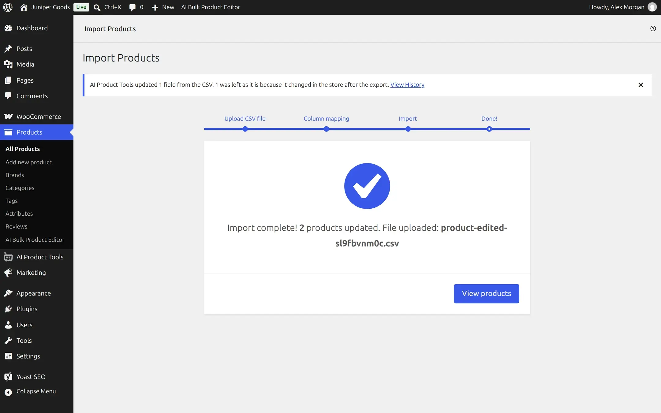 Admin notice reading AI Product Tools updated 1 field from the CSV, 1 was left as it is because it changed in the store after the export, with a View History link