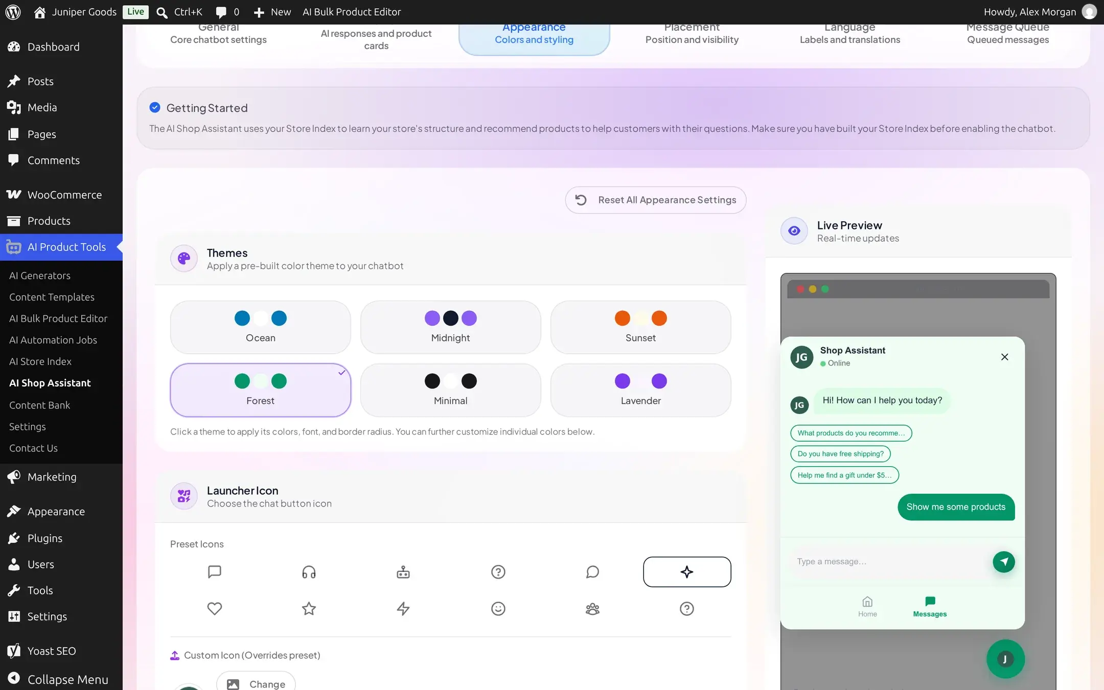 Appearance tab with the Forest theme selected and a live preview showing the matching color scheme